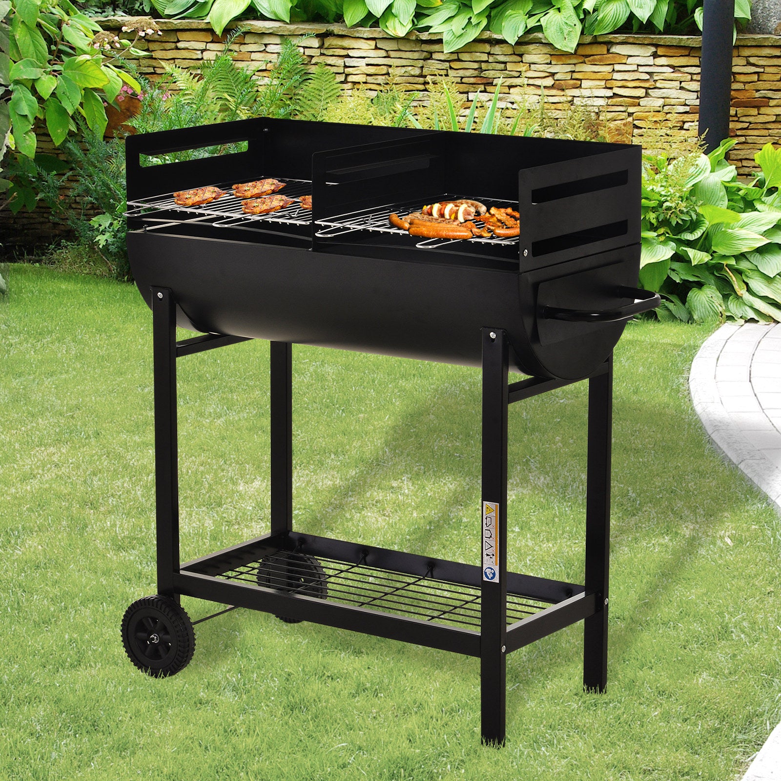 Outsunny Steel 2-Grill Charcoal BBQ w/ Wheels Black - North Peak Garden Furniture