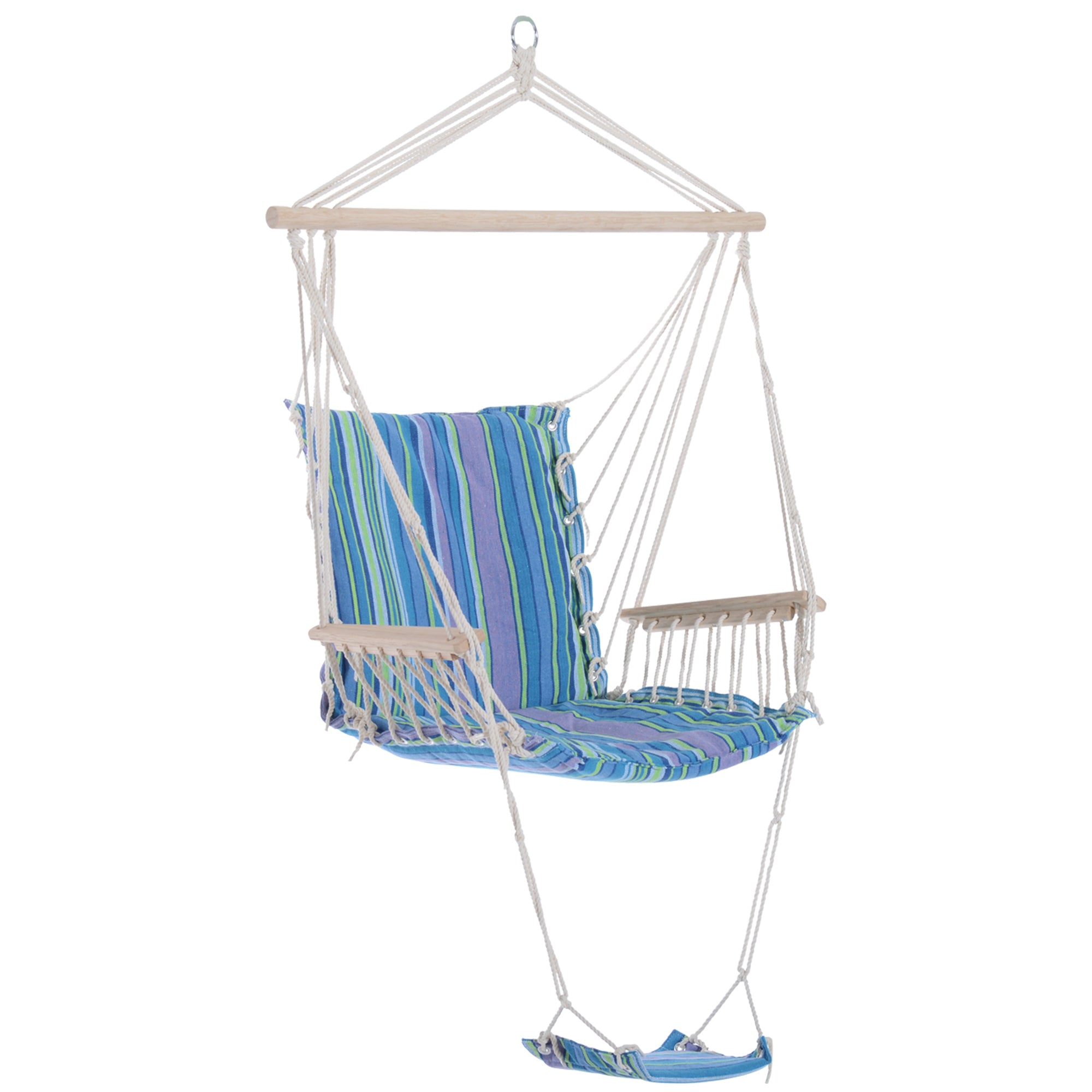 Outsunny Hanging Rope Chair with Soft Padded Seat & Backrest, Portable Garden Hammoc Chair with Wooden Support Bar, Armrests, Cotton Cloth, Footrest, for Patio & Tree, Blue - North Peak Garden Furniture