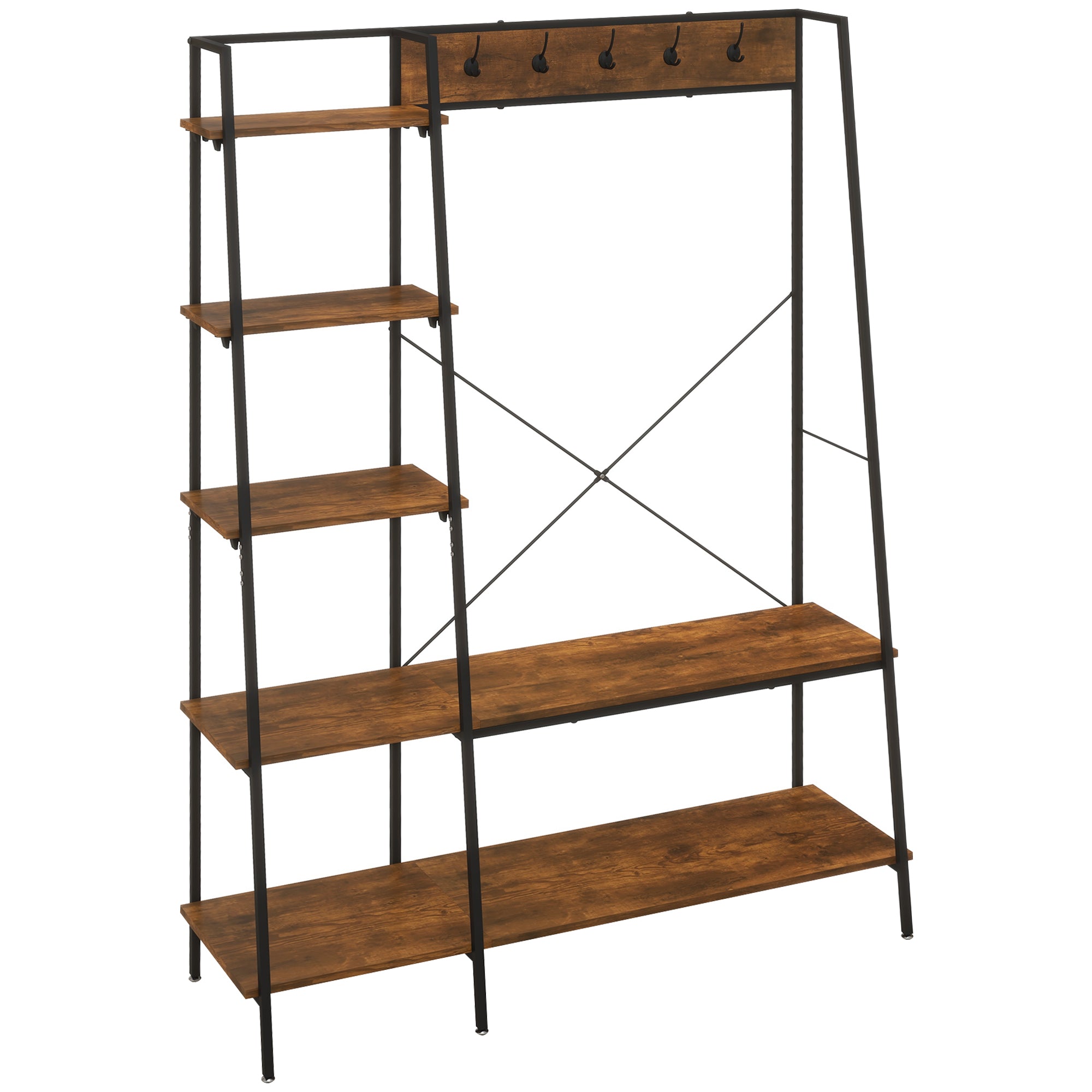 HOMCOM Clothes Rail, Metal Clothes Rack with Shoe Rack, 5 Tier Storage Shelves, 5 Side Hooks, Coat Stand for Bedroom, Living Room, Hallway, Rustic Brown and Black - North Peak Garden Furniture