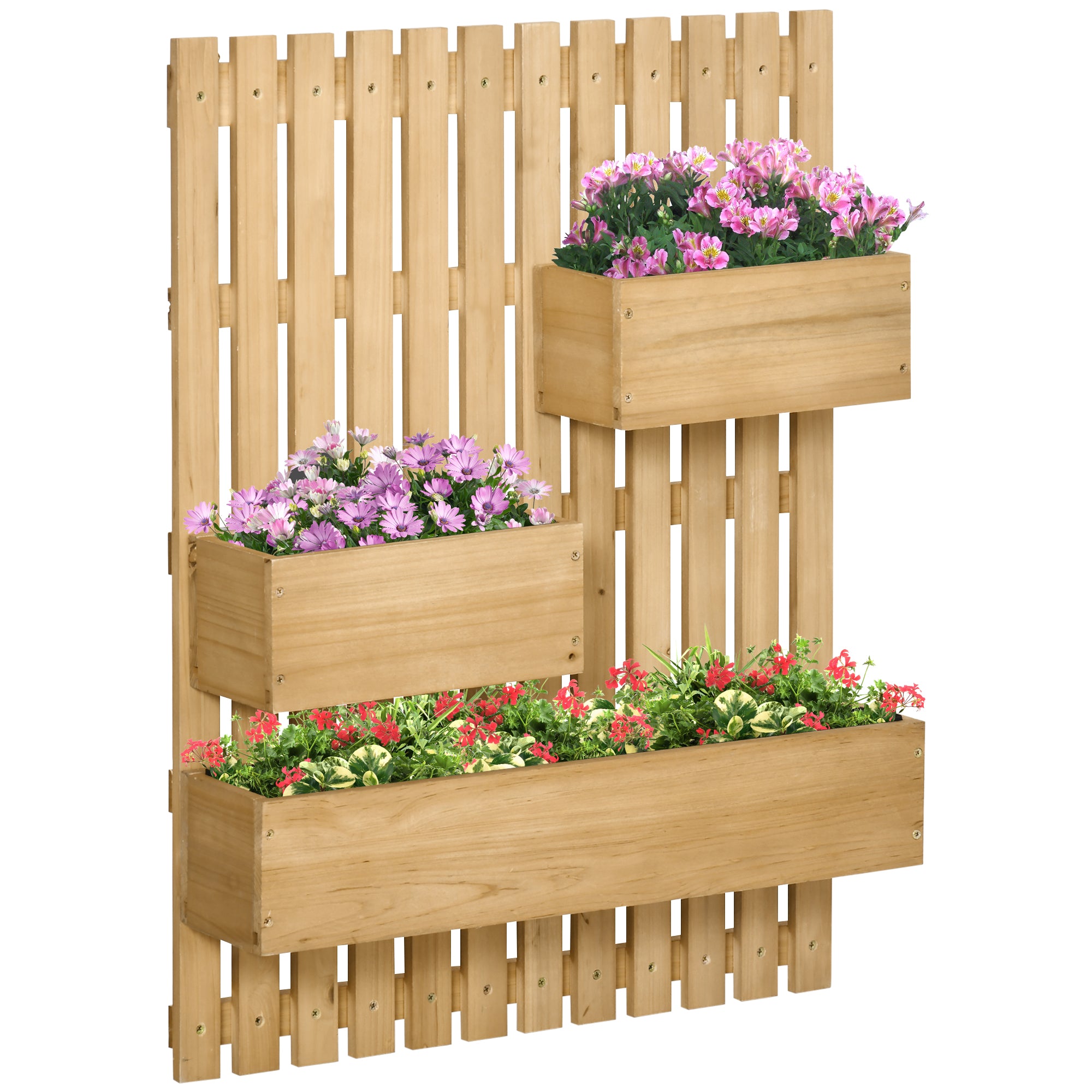 Outsunny Wall-mounted Wooden Garden Planters with Trellis, Drainage Holes and 3 Movable Planter Boxes, Wall Raised Garden Bed for Patio, Natural - North Peak Garden Furniture