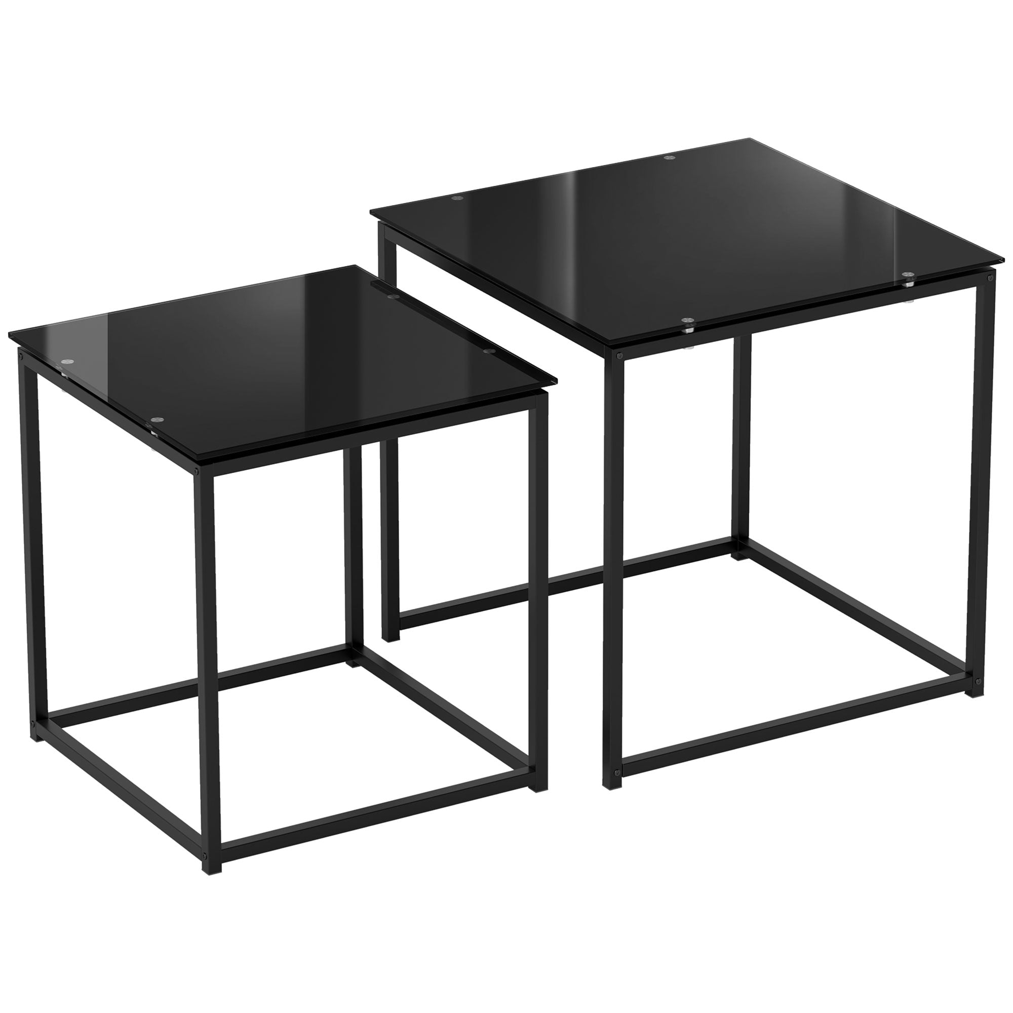 HOMCOM Nest of Tables, Set of 2 Coffee Table, Side Tables with Tempered Glass Desktop and Metal Frame for Living Room, Bedroom, Office, Black - North Peak Garden Furniture