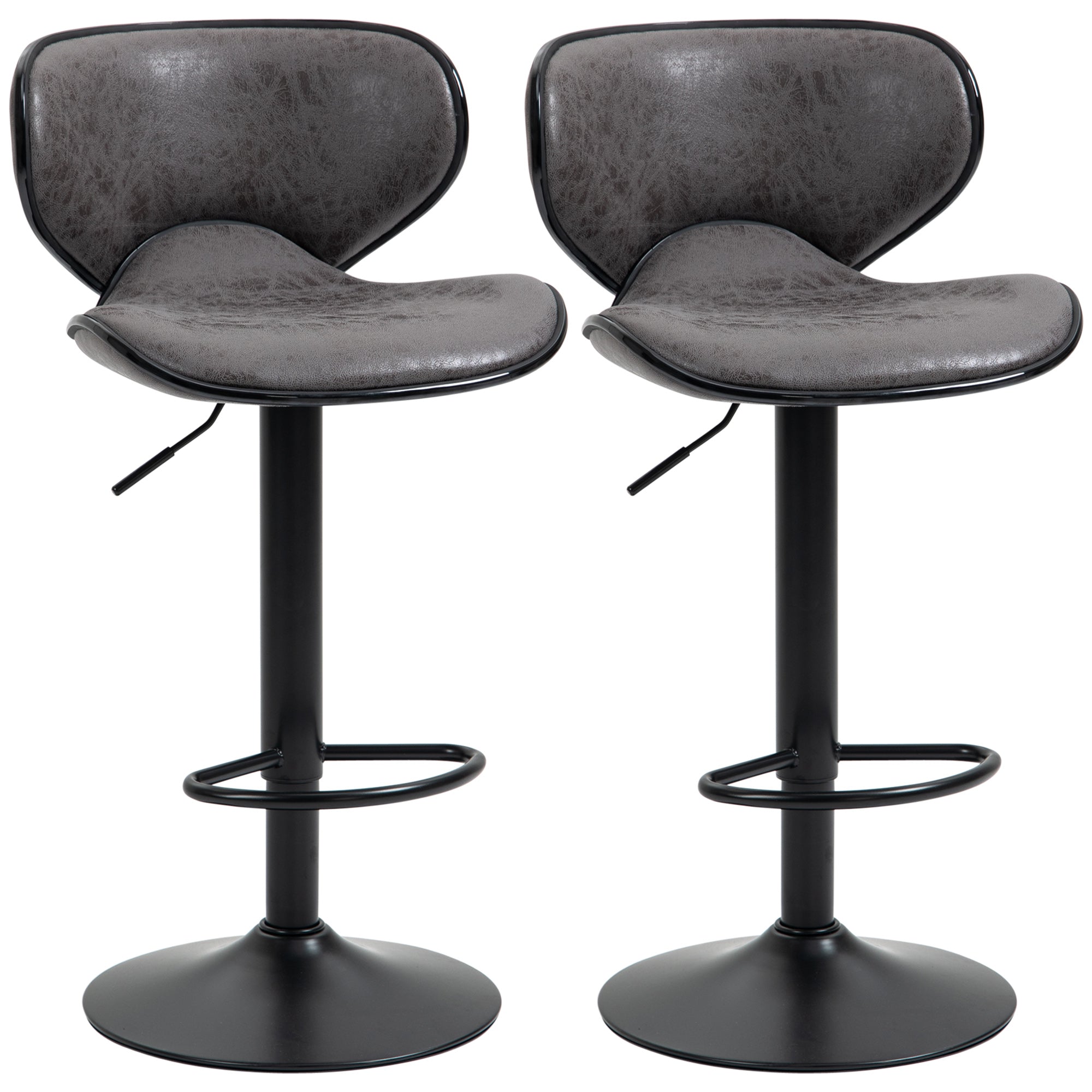 HOMCOM Adjustable Bar Stools Set of 2, Swivel Leathaire Upholstered Barstools with Large Seat, Breakfast Bar Chairs with Back, Footrest and Steel Base, Dark Grey - North Peak Garden Furniture