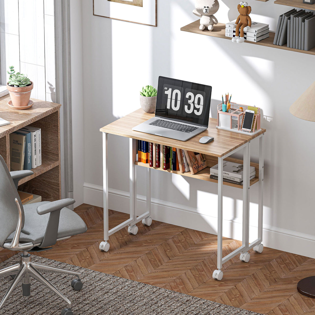 HOMCOM 80 cm Drop Leaf Writing Work Desk - Natural Wood Finish