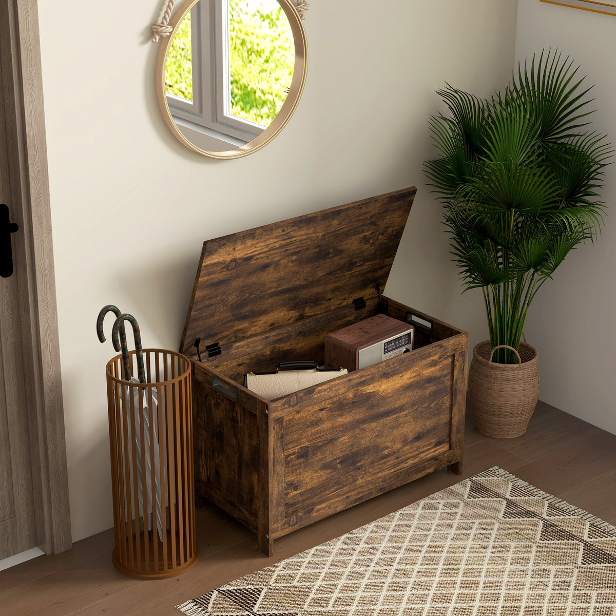 HOMCOM Storage Chest, Modern Storage Trunk with 2 Safety Hinges and Cut-out Handles, Wooden Toy Box for Living Room, Entryway, 76 x 40 x 48 cm, Rustic Brown