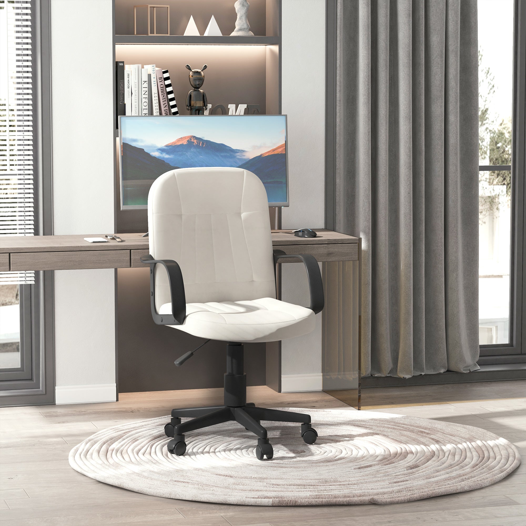 HOMCOM Swivel Executive Office Chair Home Mid Back PU Leather Computer Desk Chair for Adults with Arm, Wheels, Cream - North Peak Garden Furniture
