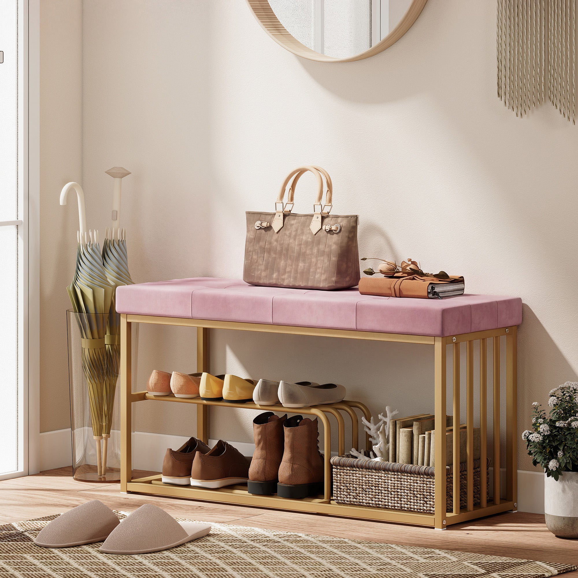 HOMCOM Bench and Shoe Storage, Tufted Shoe Storage Bench with Velvet Seat Cushion Gold Steel Frame for Entryway, Pink