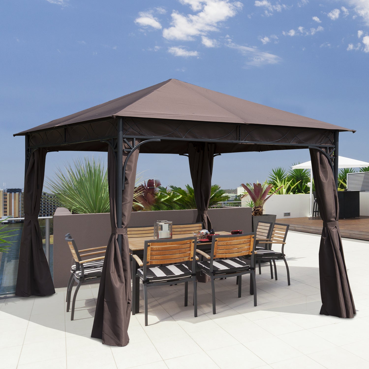 Outsunny 3 x 3(m) Garden Gazebo, Outdoor Gazebo Canopy Shelter with Curtains and Steel Frame for Lawn, Yard and Deck, Coffee - North Peak Garden Furniture