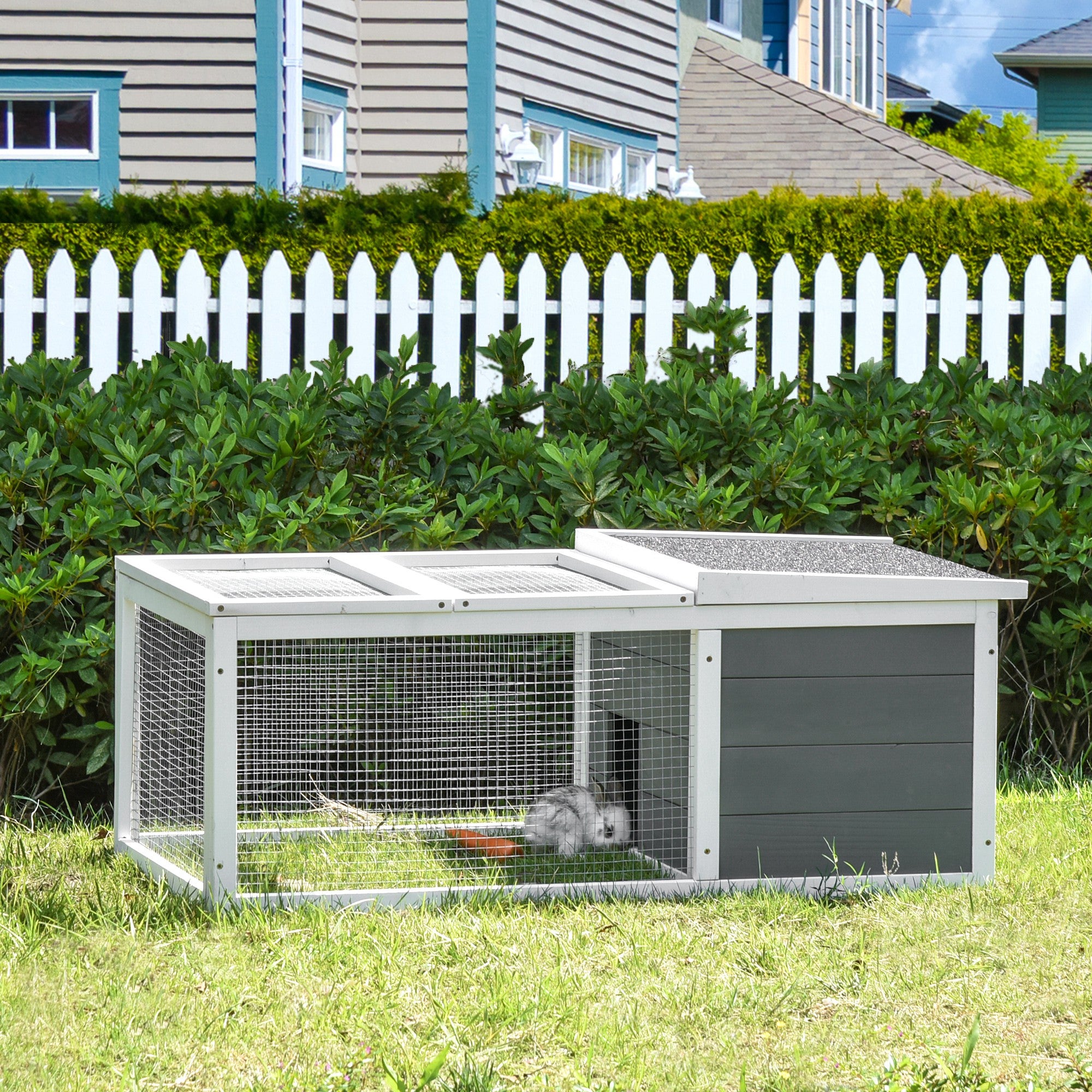 PawHut Rabbit Hutch Guinea Pig Hutch Wooden Small Animal Cage Rabbit Run Duck House with Openable Roof for Indoor Outdoor 115 x 66 x 47.5 cm - North Peak Garden Furniture