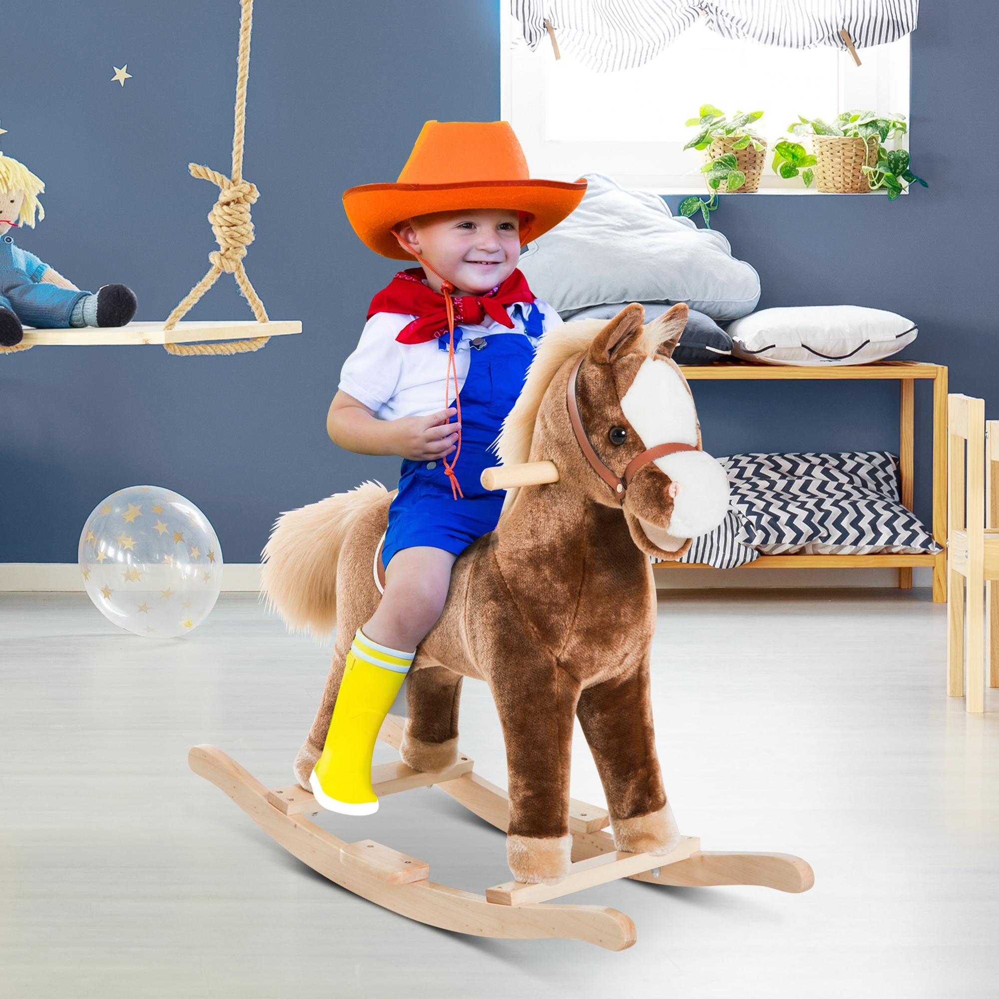 HOMCOM Kids Children Plush Rocking Horse Wooden Base Ride On Toy Rocker with Handle Grip Traditional Toy Fun Gift for Age 3+ (Brown) - North Peak Garden Furniture
