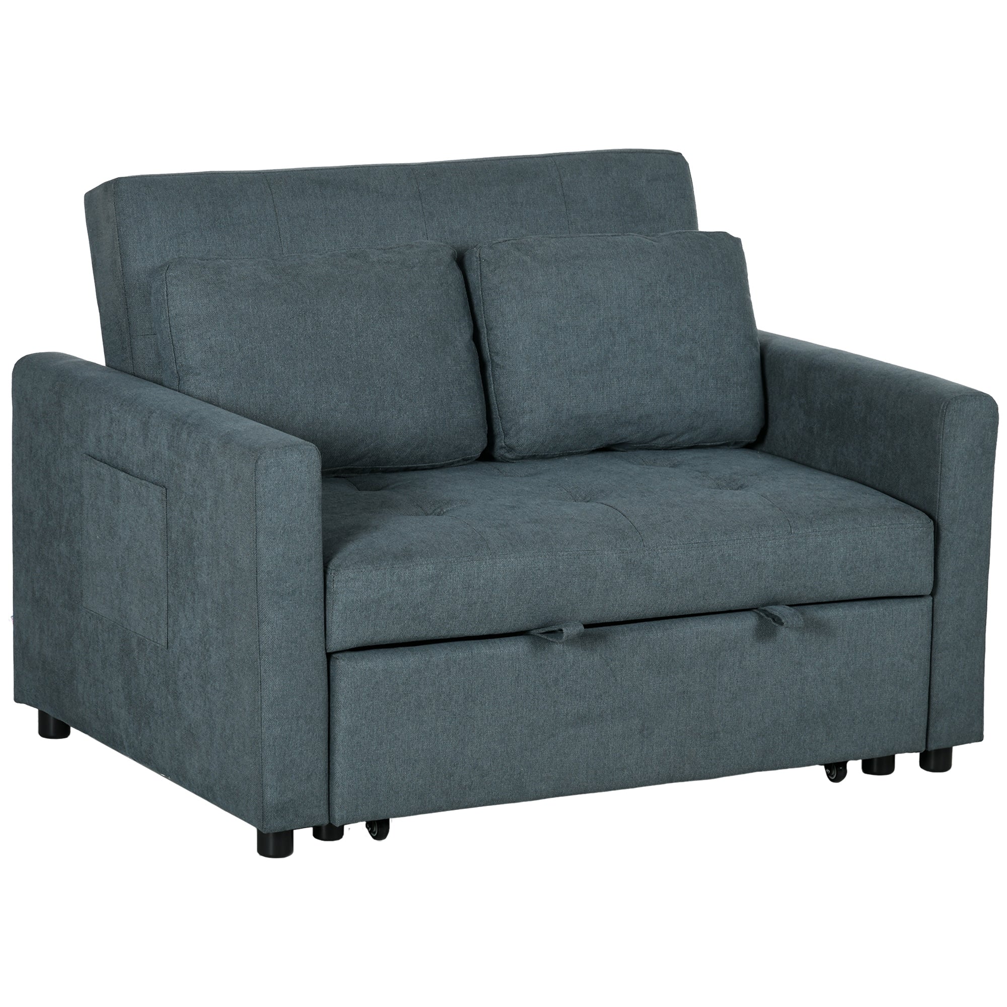 HOMCOM Loveseat Sofa Bed, Convertible Bed Settee with 2 Cushions, Side Pockets for Living Room, Charcoal Grey - North Peak Garden Furniture