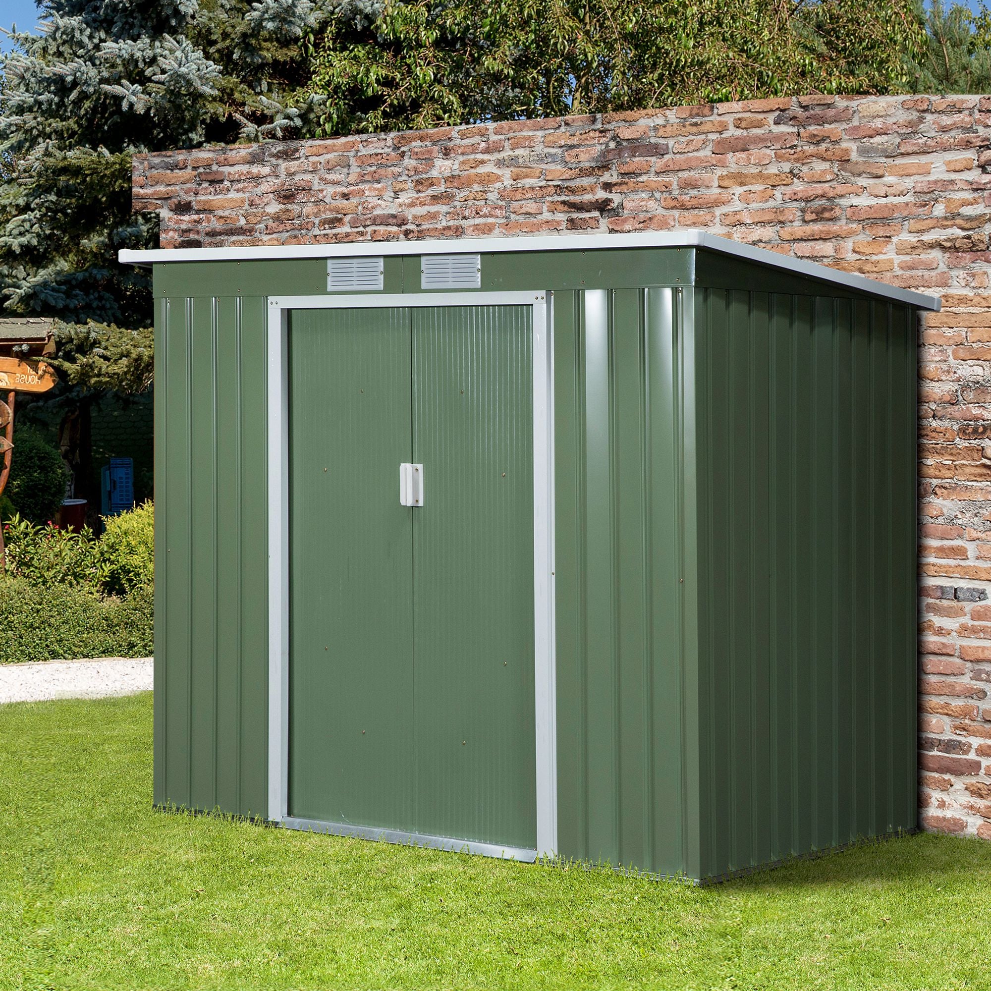 Outsunny 7 x 4ft Lean to Garden Shed with Foundation Kit, Double Door and Vents, Outdoor Metal Storage Shed for Equipment Tools, Green - North Peak Garden Furniture