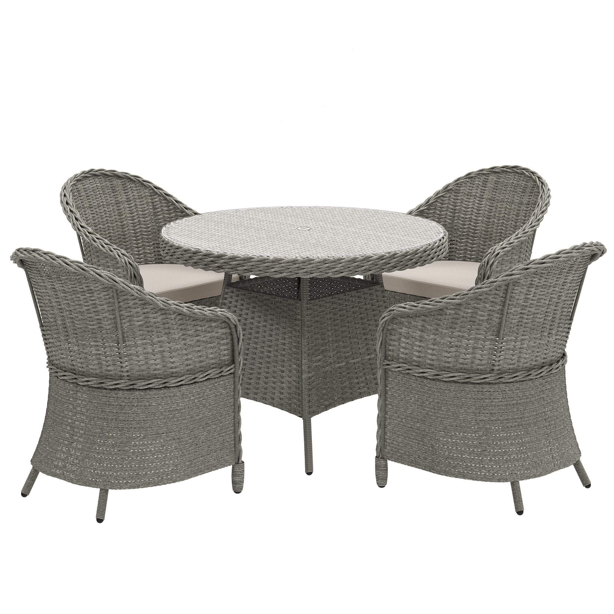 Outsunny 4 Seater Rattan Garden Furniture Set with Cushions, Round PE Rattan Dining Set with Glass-Top Table, Umbrella Hole, Outdoor Garden Table and Chairs, Grey