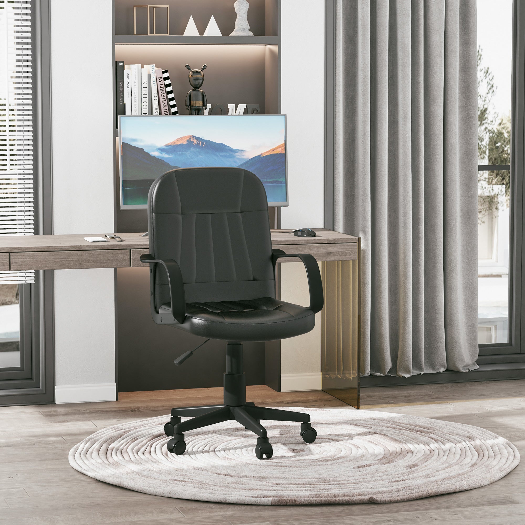 HOMCOM Swivel Executive Office Chair PU Leather Computer Desk Chair Office Furniture Gaming Seater - Black - North Peak Garden Furniture