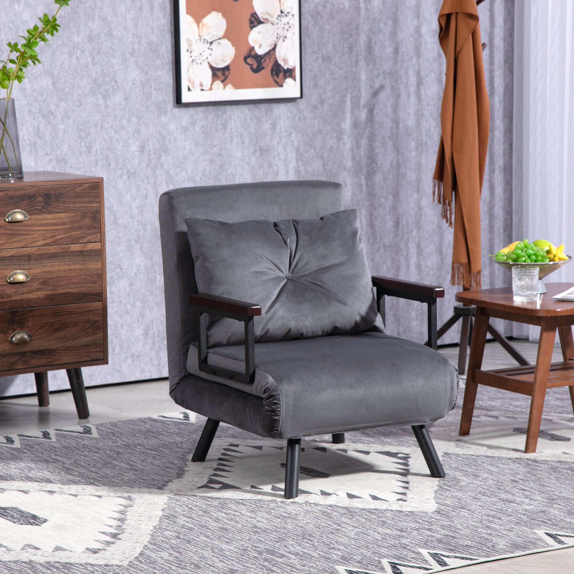 HOMCOM 4-in-1 Velvet-Feel Single Chair Bed, with Pillow - Charcoal Grey - North Peak Garden Furniture
