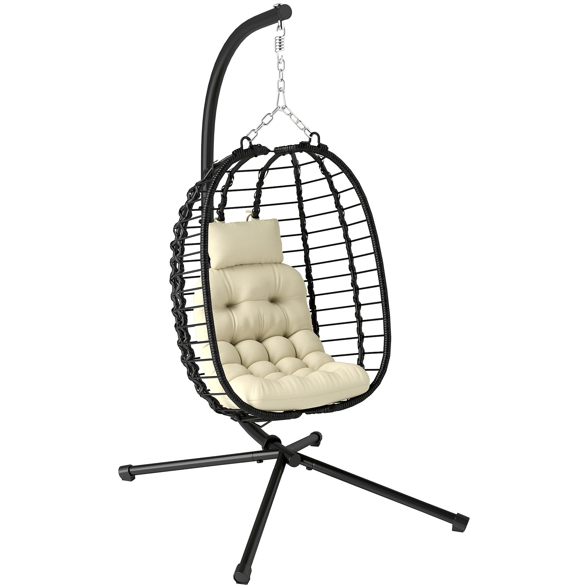 Outsunny Rattan Hanging Egg Chair, Foldable Wicker Hammock Swing Chair with Cushion, Stand, Adjustable Height, Head Pillow, Steel Frame for Garden Patio Indoor Outdoor, Cream White - North Peak Garden Furniture
