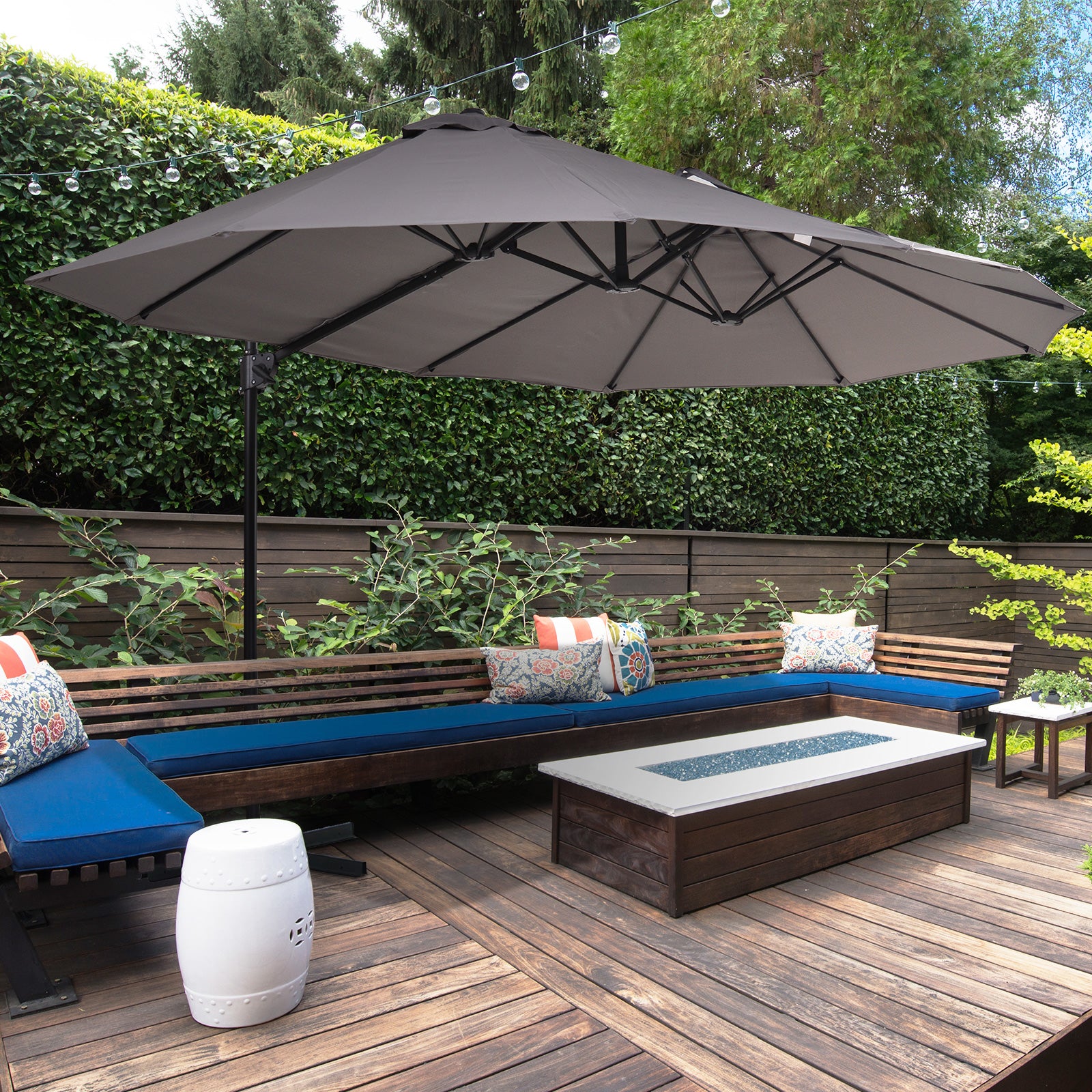 Outsunny Double Canopy Offset Parasol Umbrella Garden Shade w/ Steel Pole 12 Ribs Grey - North Peak Garden Furniture