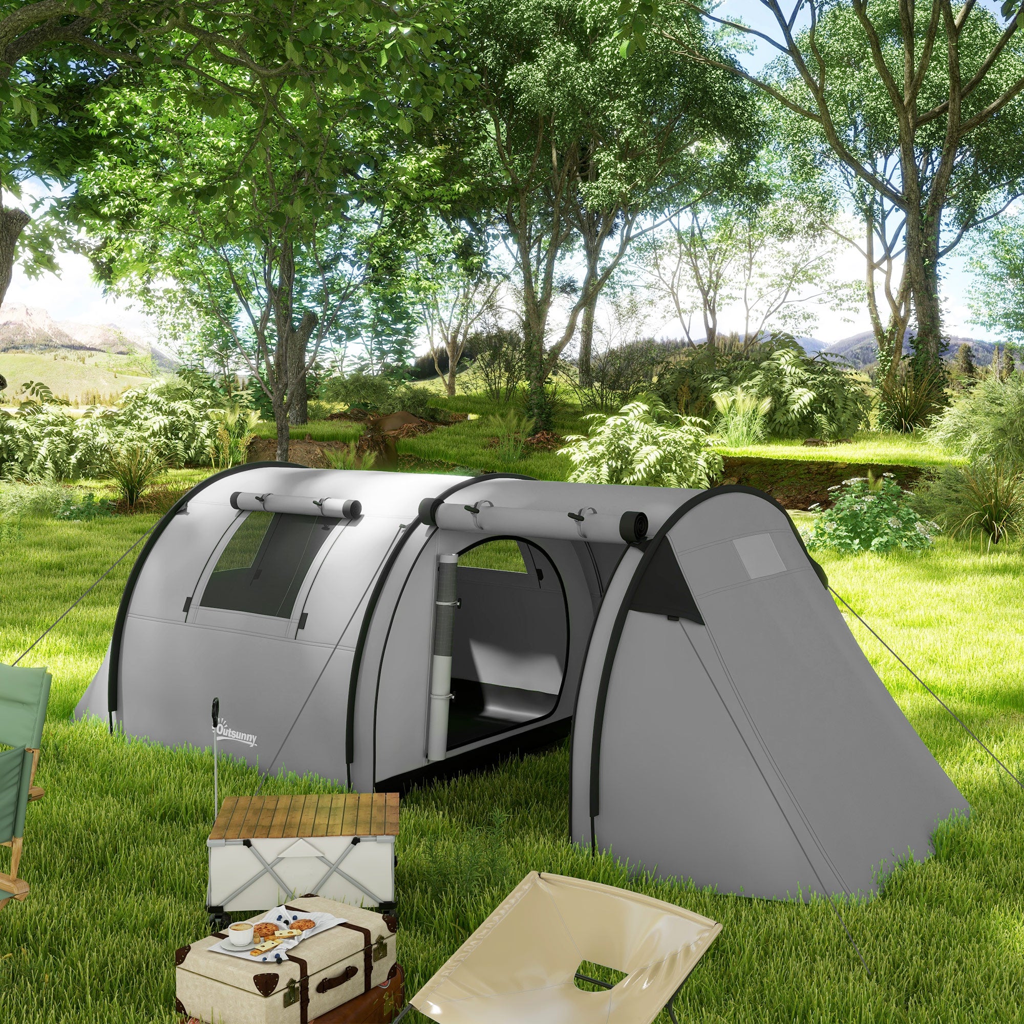 Outsunny Four Man Duo Room Tunnel Tent, with Accessories - Grey - North Peak Garden Furniture