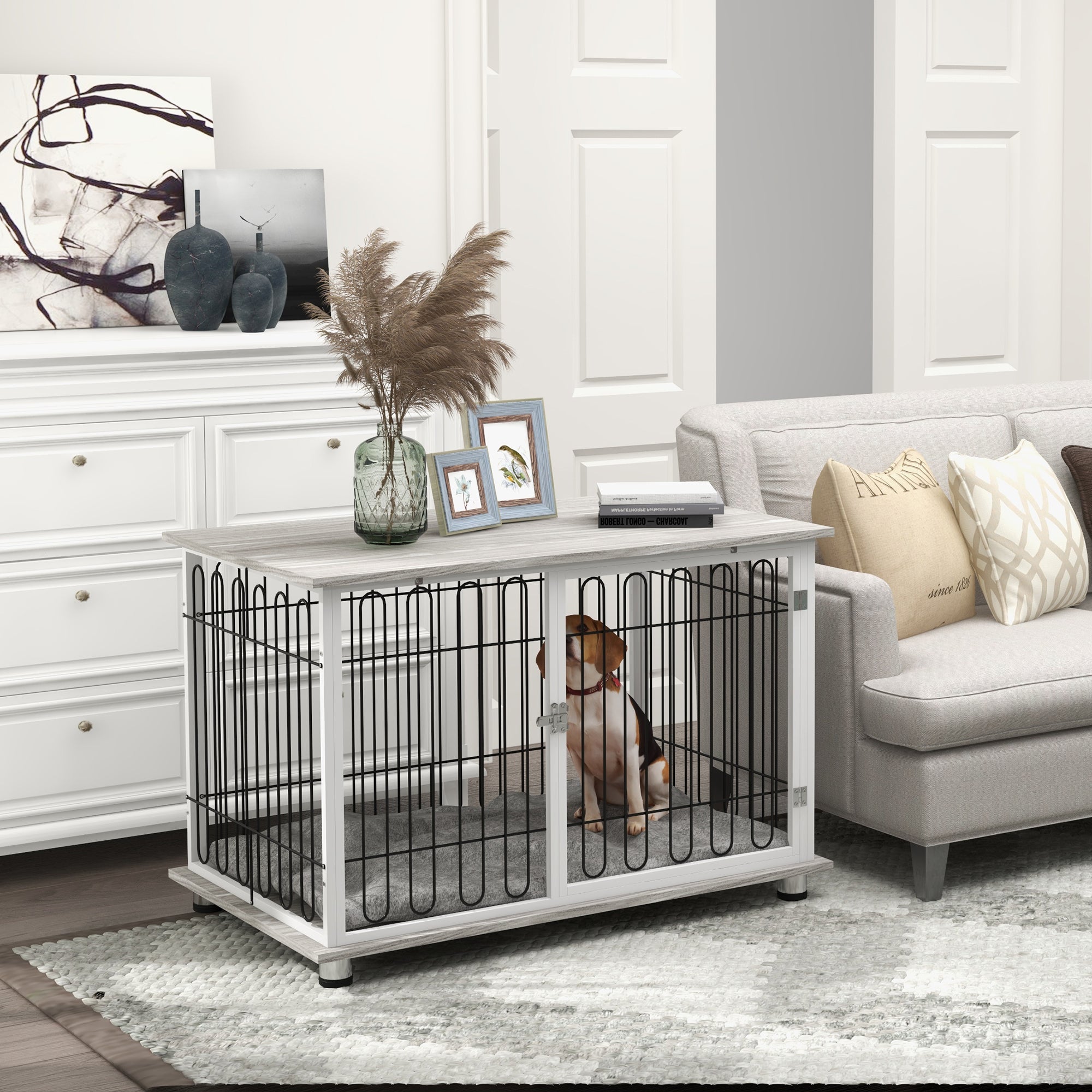 PawHut Indoor Dog Crate Furniture, Side End Table, with Soft Washable Cushion, Lockable Doors, for Large Dogs - North Peak Garden Furniture