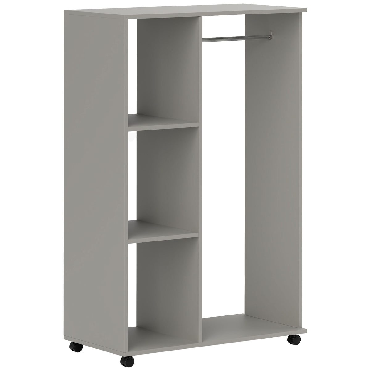 HOMCOM Open Wardrobe on Wheels with Clothes Rail, Bedroom Clothes Storage with Hanging Rod, 3 Storage Shelves, Mobile Garment Rack for Cloakroom, Hallway, Grey