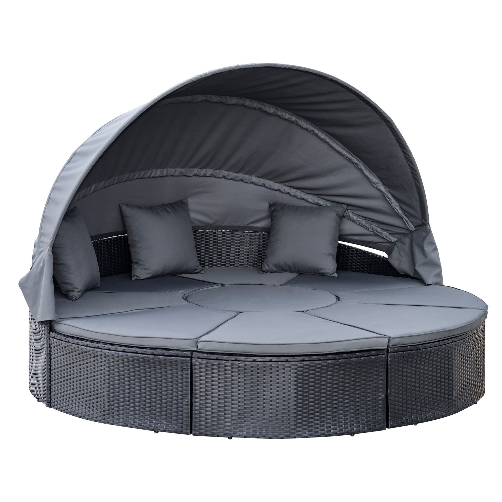 Outsunny 4 Pieces PE Rattan Garden Daybed Set, Outdoor Wicker Cushioned Round Sofa Bed Conversation Furniture with Coffee Table & Canopy, Black - North Peak Garden Furniture