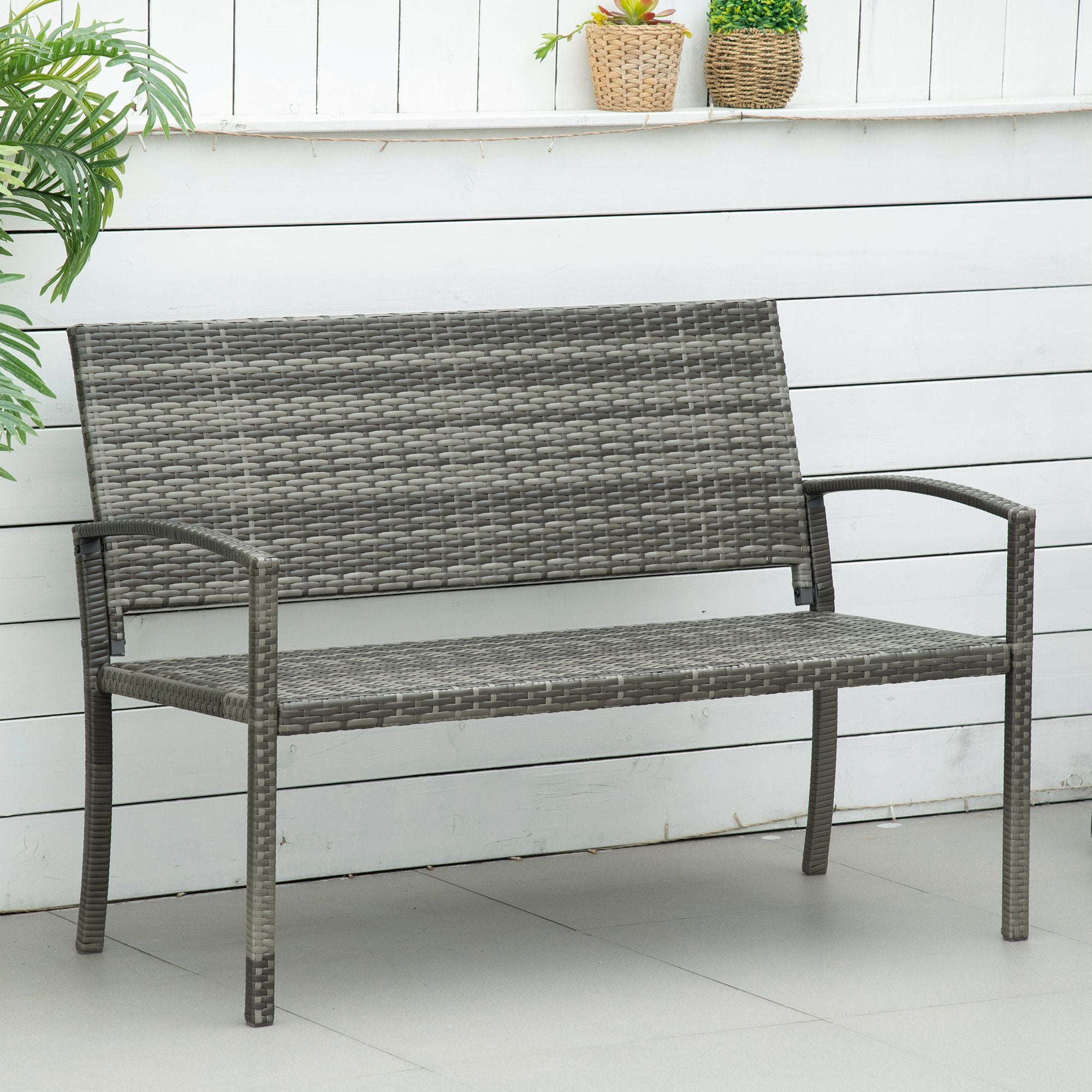 Outsunny Patio Rattan 2 Seater Garden Bench Wicker Weave Love Seater Armchair Furniture Outdoor Garden Conservatory Chair Grey - North Peak Garden Furniture