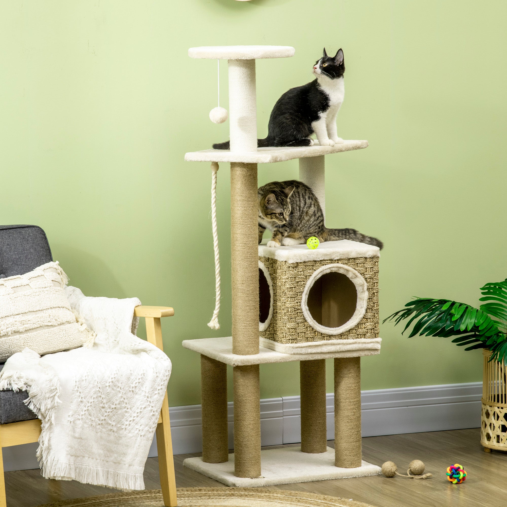 PawHut Cat Tree, with Scratching Post, Cat House & Hanging Toy Ball - Beige - North Peak Garden Furniture