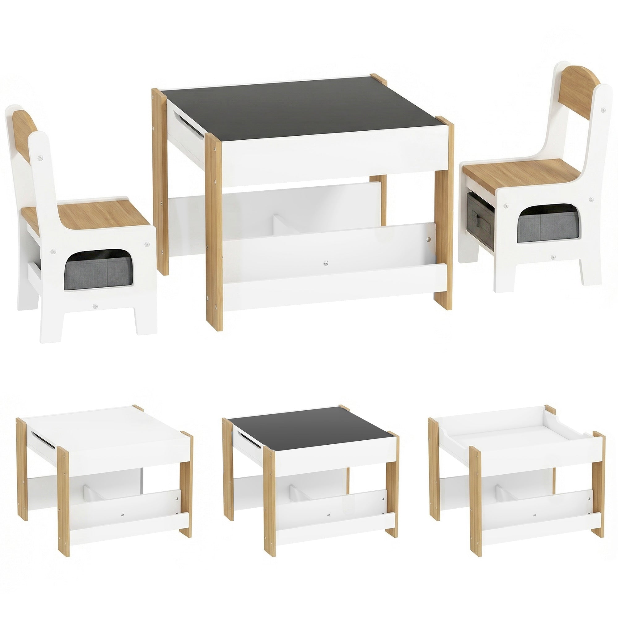 HOMCOM Three-Piece Kids Table and Chair Set with Blackboard, Storage, Bookshelves - Natural Wood