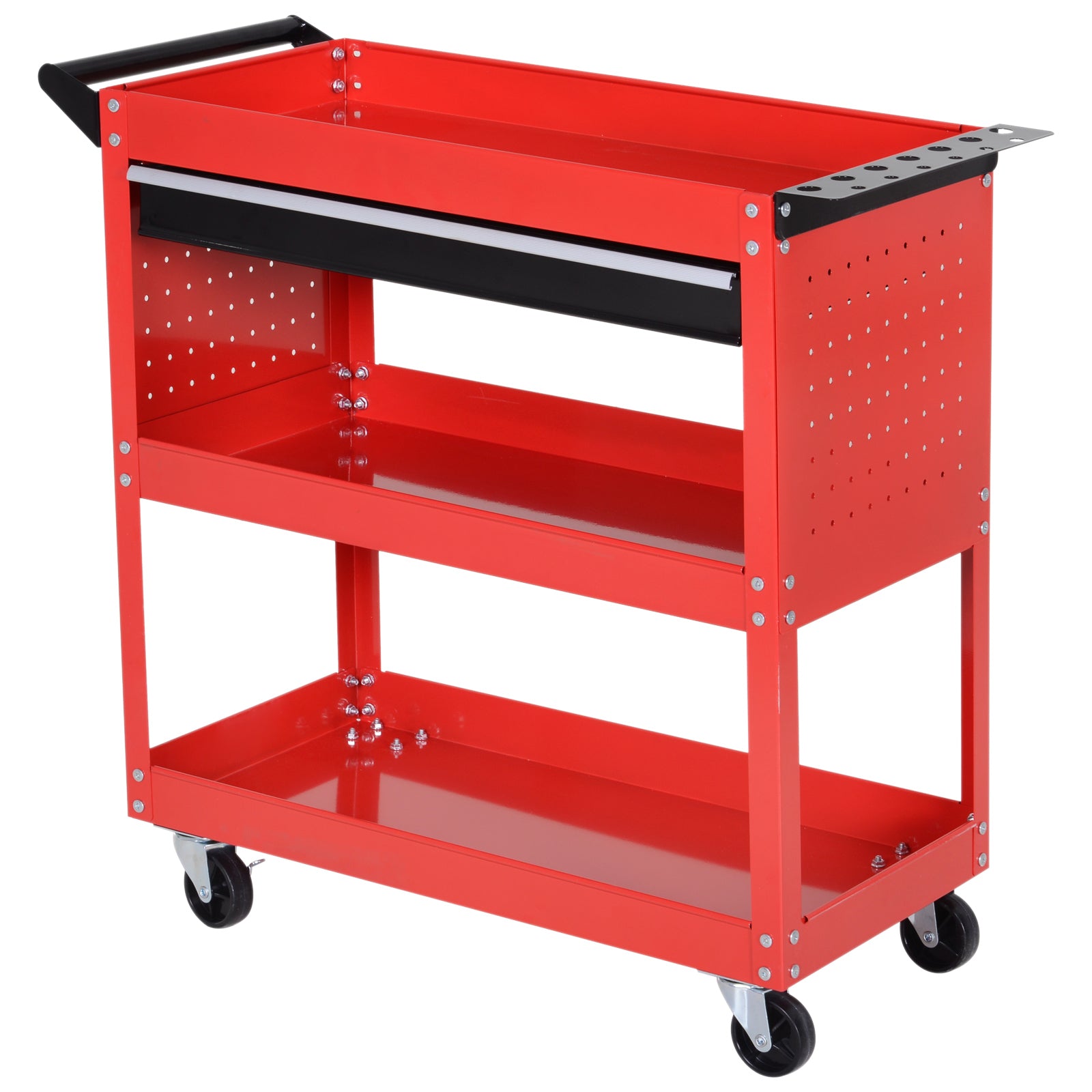 DURHAND 3-Tier Tool Trolley Cart Storage Shelf Roller Cabinet DIY Box Garage Workshop with Drawer Red - North Peak Garden Furniture