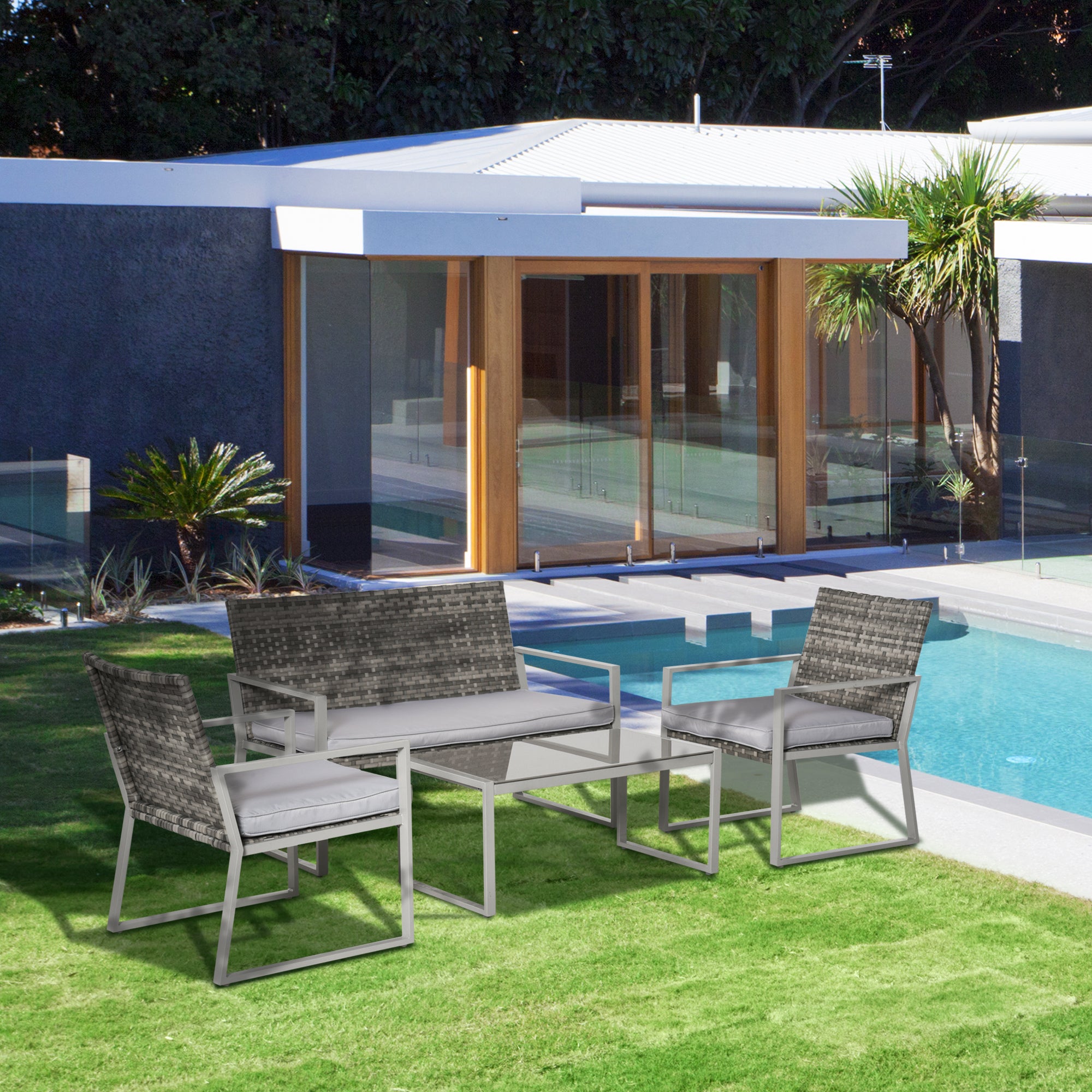 Outsunny 4PC Rattan Garden Furniture Set 2 Single Sofa Arm Chairs 1 Bench with Cushions & Coffee Table Patio Backyard Wicker Weave - North Peak Garden Furniture