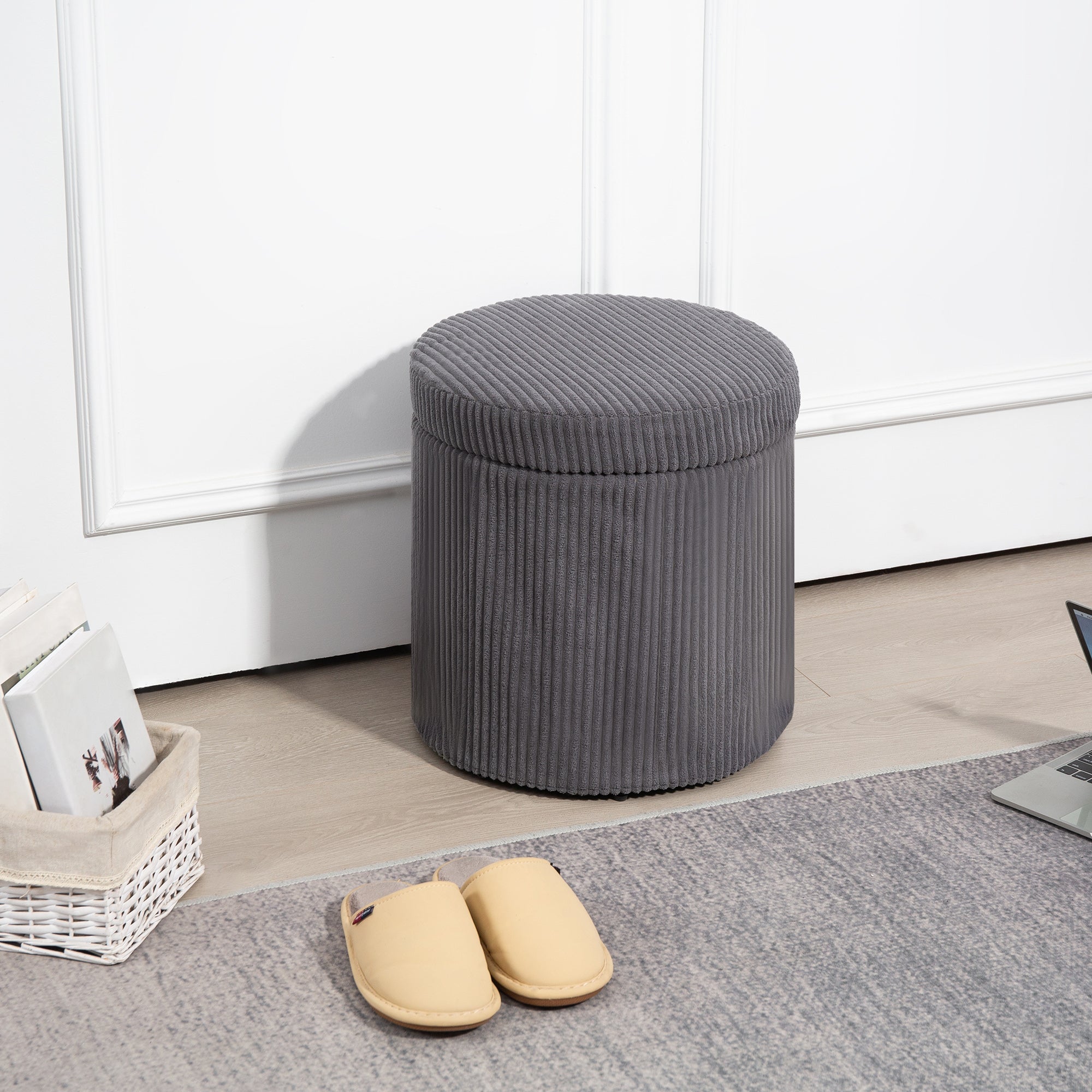 HOMCOM 40cm Round Storage Ottoman, Corduroy Footstool with Removable Lid and Legs, Vanity Stool for Living Room, Bedroom, Grey - North Peak Garden Furniture