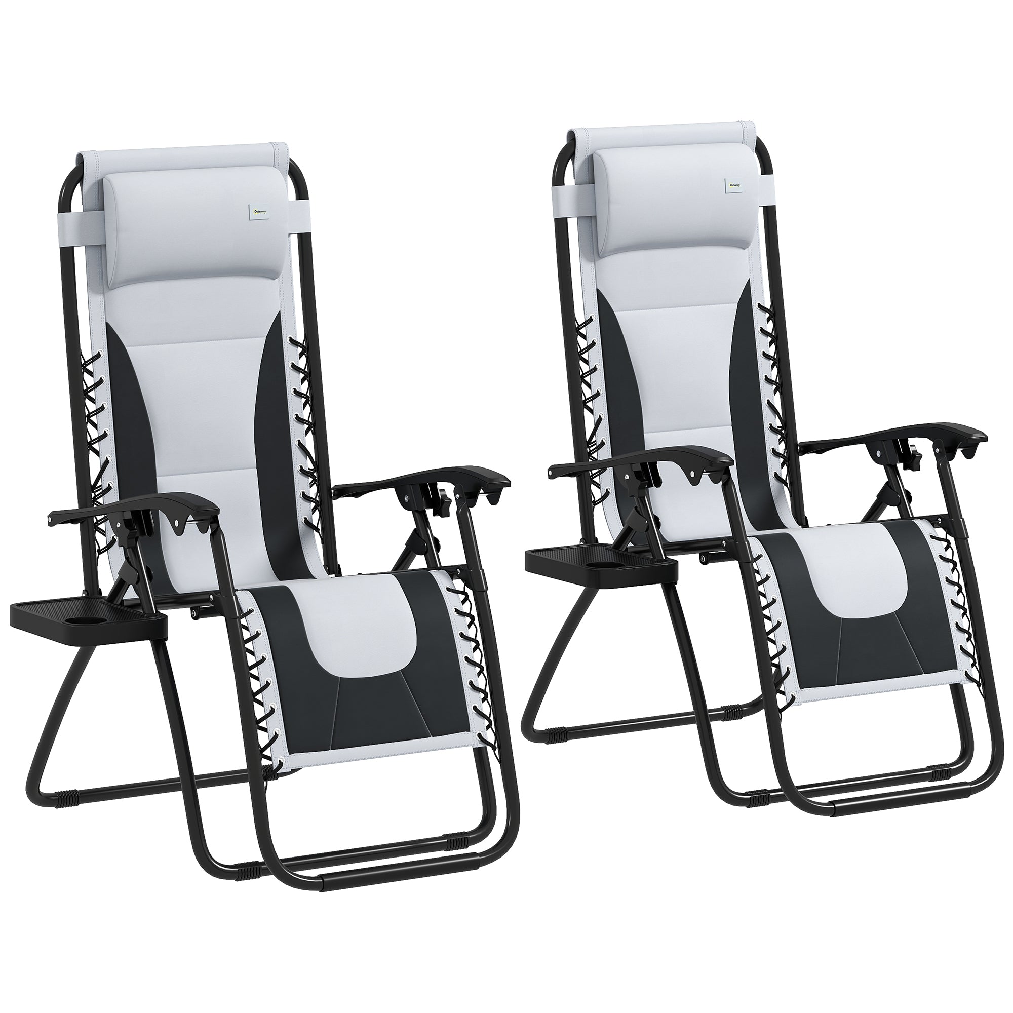 Outsunny Zero Gravity Lounger Chair Set of 2, Folding Reclining Patio Chair with Padded Seat, Cup Holder, Soft Cushion and Headrest for Poolside, Camping, Grey - North Peak Garden Furniture
