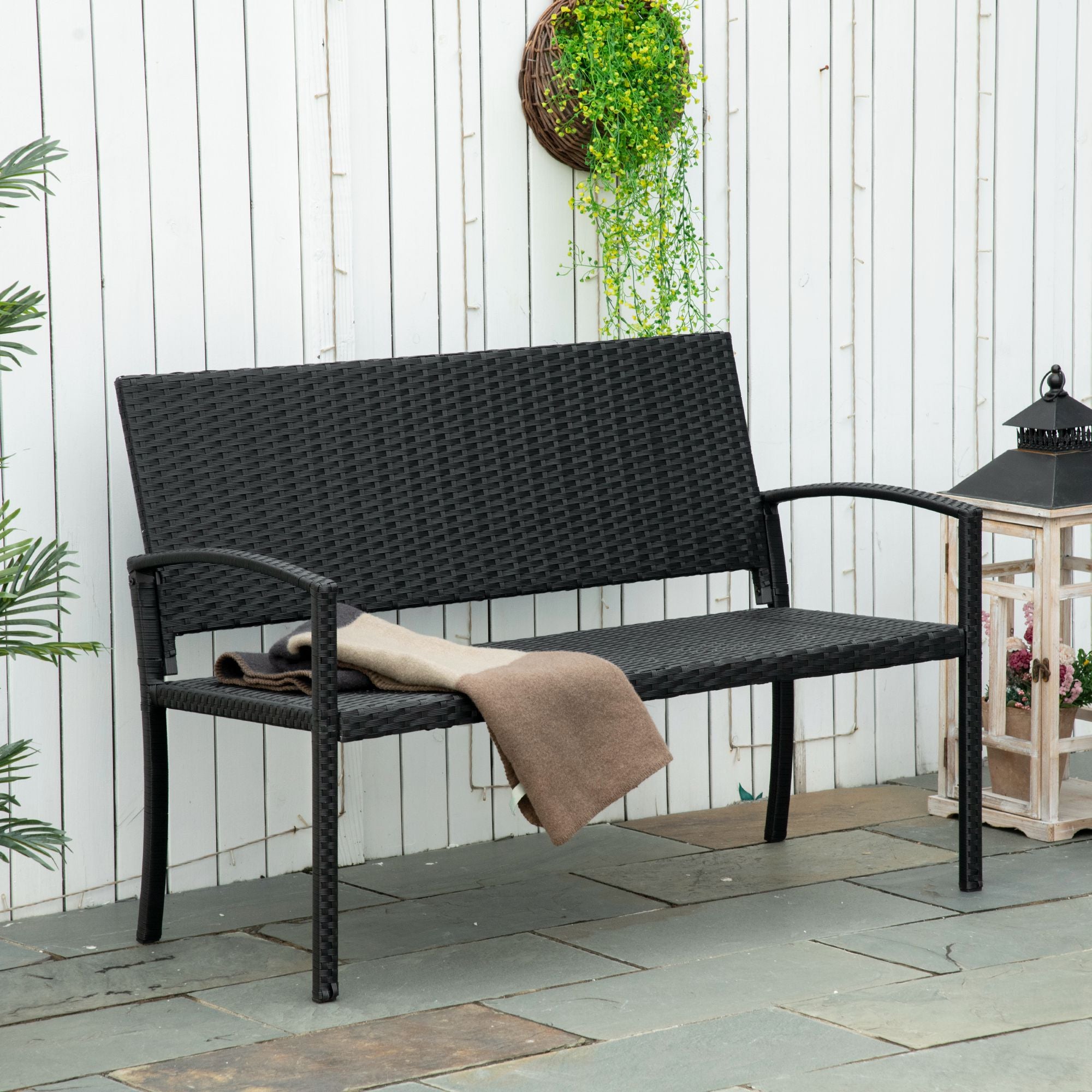 Outsunny Patio Rattan 2 Seater Garden Bench Wicker Weave Love Seater Armchair Furniture Outdoor Garden Conservatory Chair Black - North Peak Garden Furniture
