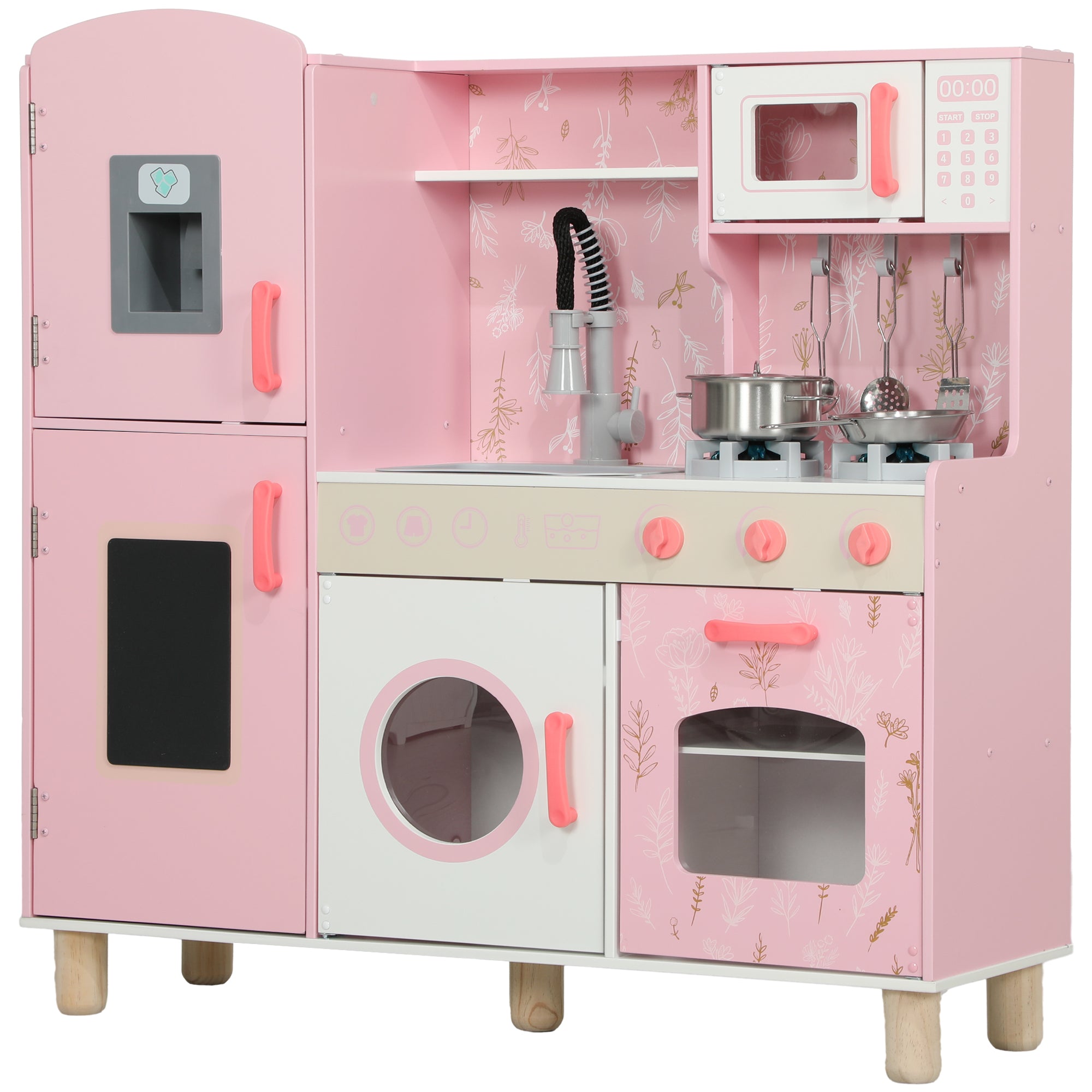 AIYAPLAY Play Kitchen, Kids Kitchen Set with Lights and Sounds, Double Stoves, Ice Maker, Chalkboard for 3+ Years - Pink