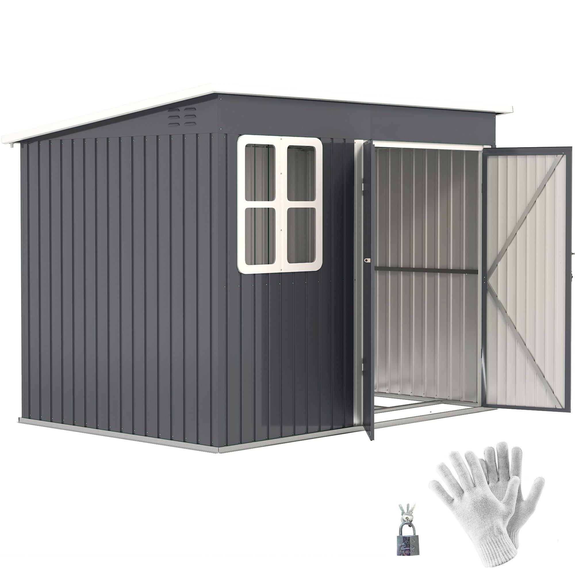 Outsunny 8.5 x 6ft Storage Shed Galvanised Steel Garden Shed, Metal Shed with Foundation Kit, Window, Lockable Wide Doors and Air Vents for Outdoor Patio, Dark Grey - North Peak Garden Furniture