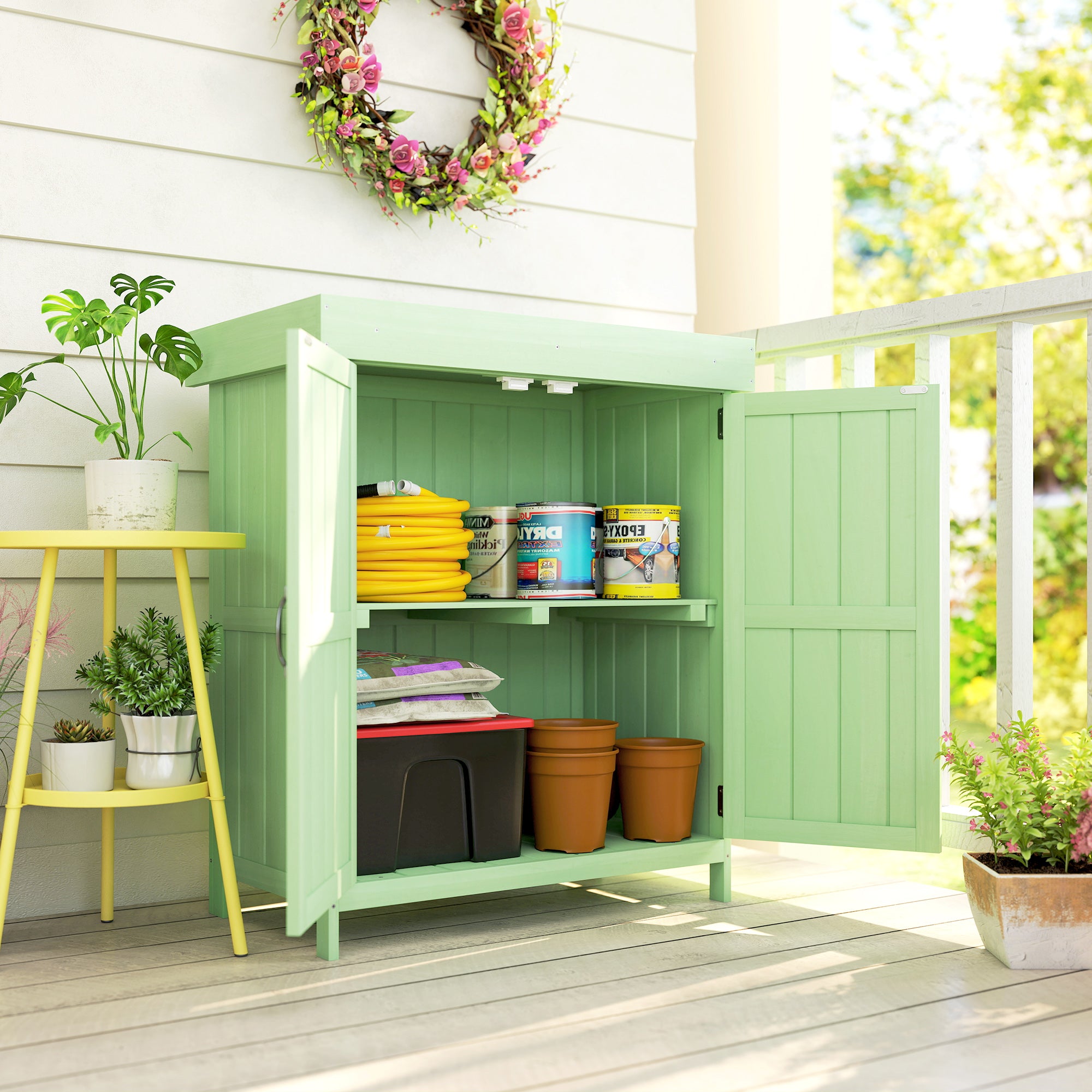 Outsunny Small Shed, Wooden Garden Shed with Openable Hinged Roof and Removable Shelf, 74 x 43 x 88 cm, Light Green
