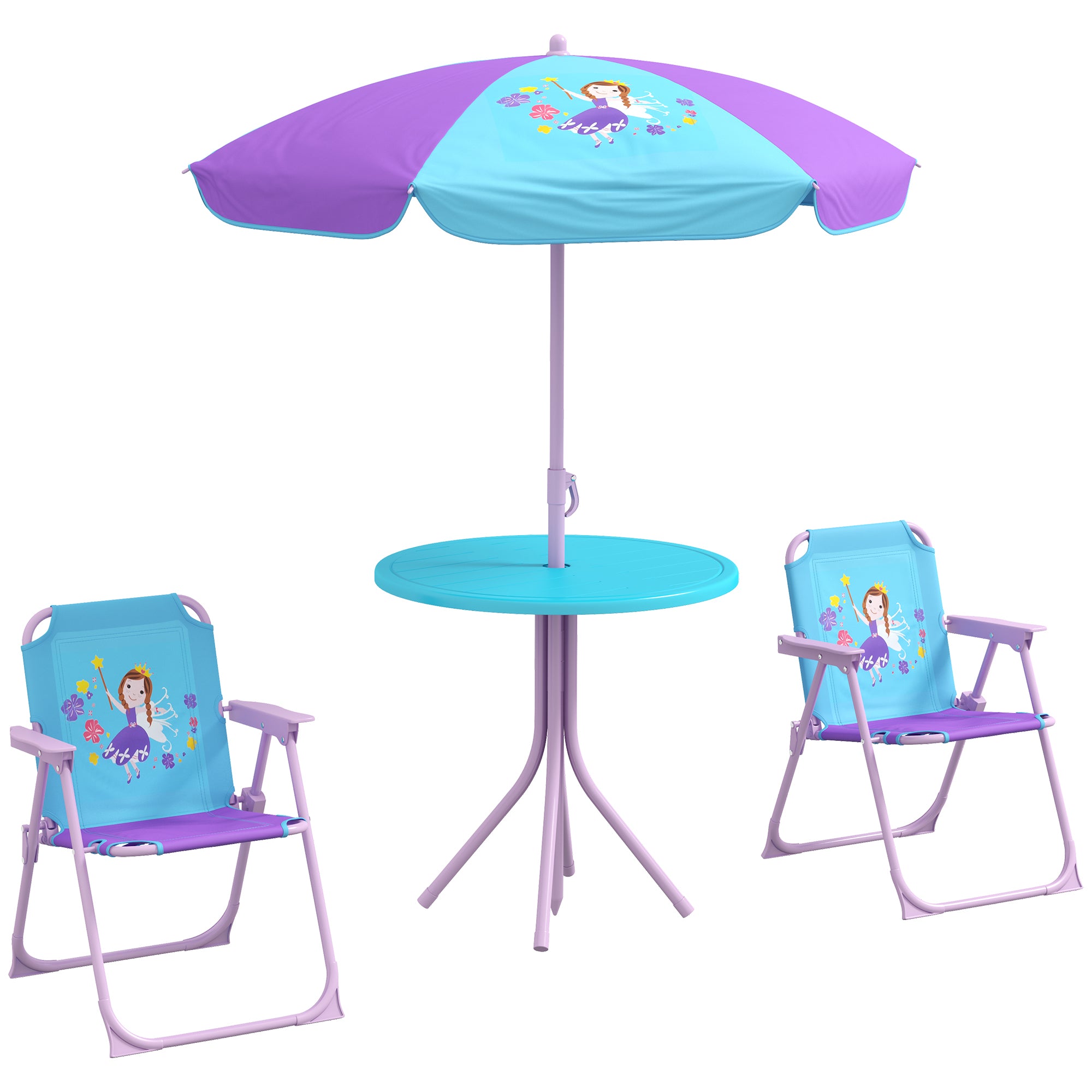 Outsunny Kids Picnic Table and Chair Set, Fairy Themed Outdoor Garden Furniture w/ Foldable Chairs, Adjustable Parasol - North Peak Garden Furniture