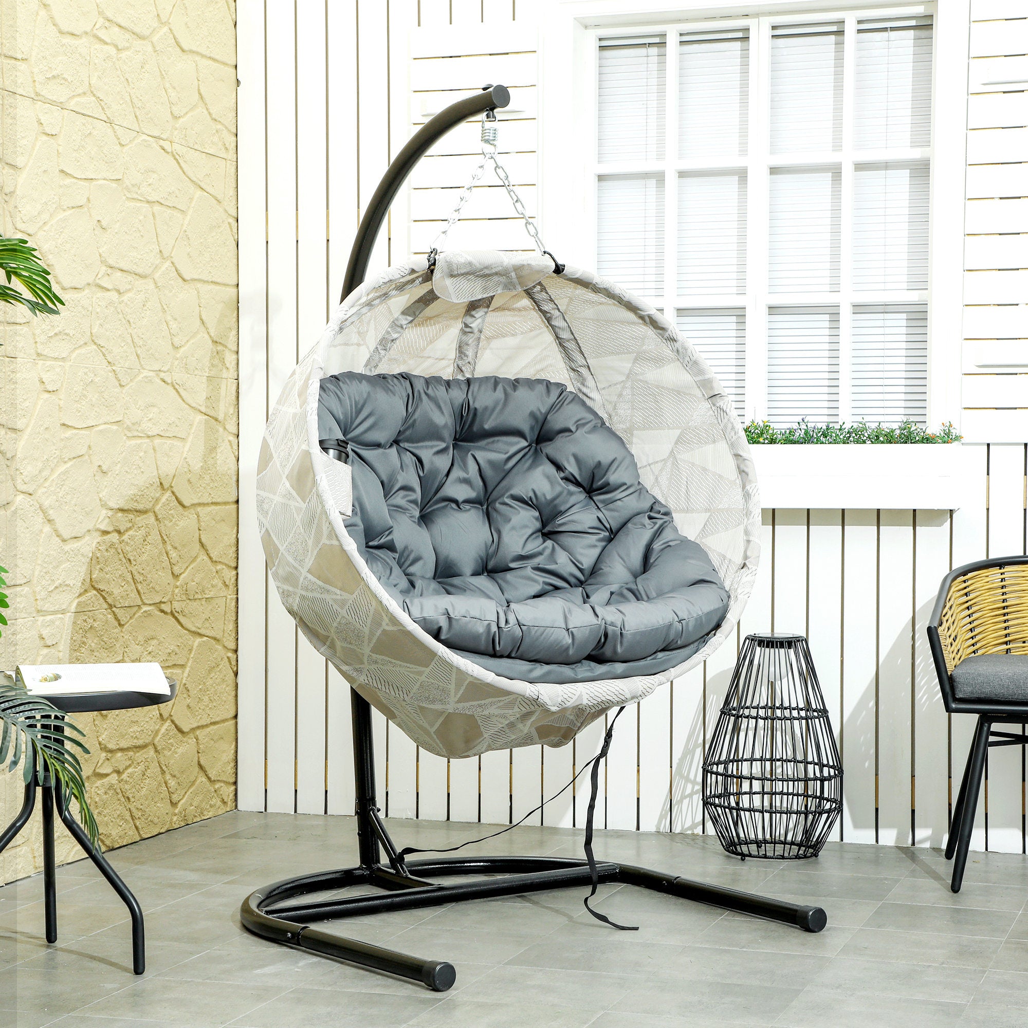 Outsunny Hanging Egg Chair Outdoor Indoor Garden Swing Chair with Folding Basket, Garden Hanging Chair with Stand, Thickened Cushion, Cup Holder for Patio, Balcony, Grey - North Peak Garden Furniture