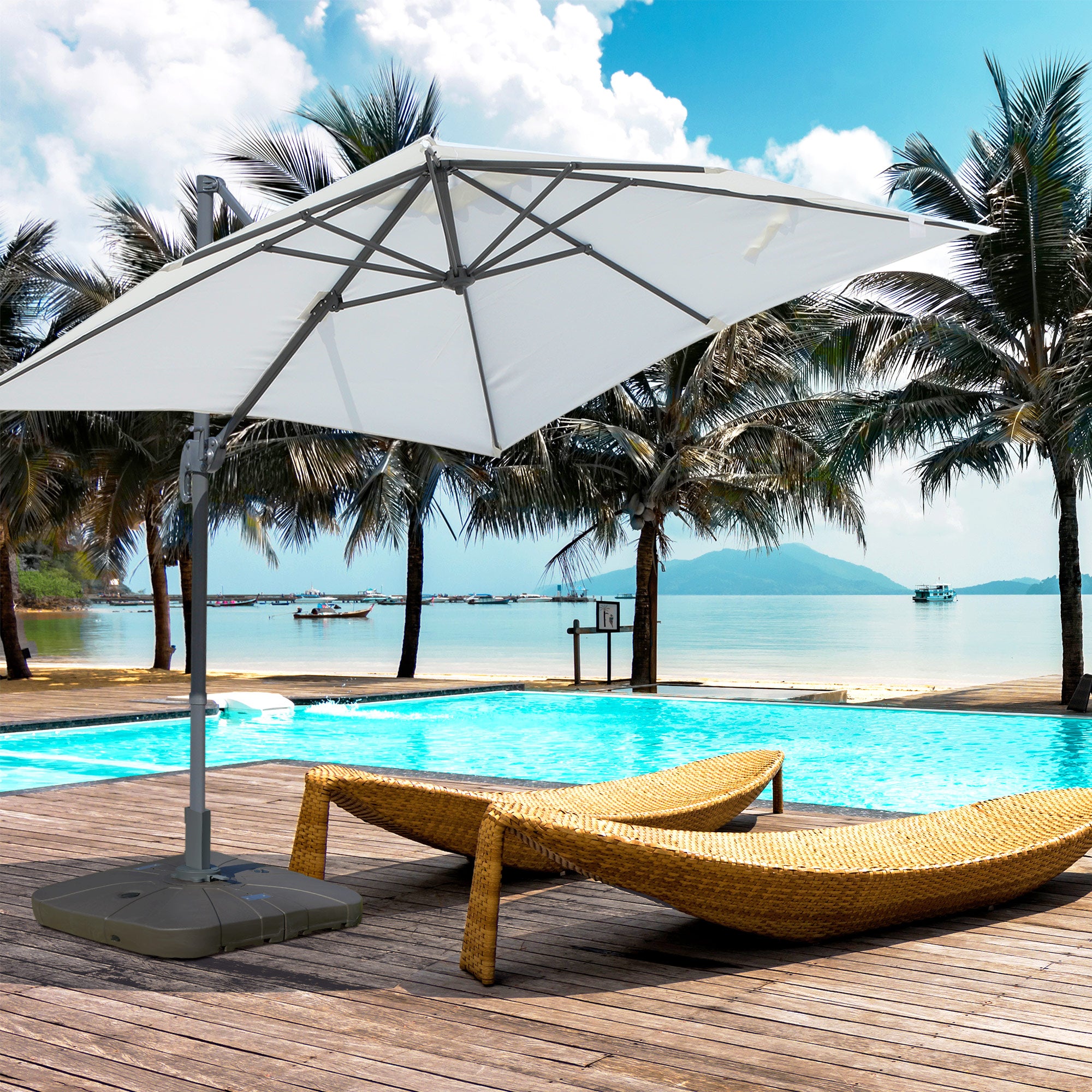 Outsunny Square Cantilever Patio Parasol Base Water or Sand Filled Stand with Wheels Heavy-Duty, Coffee - North Peak Garden Furniture