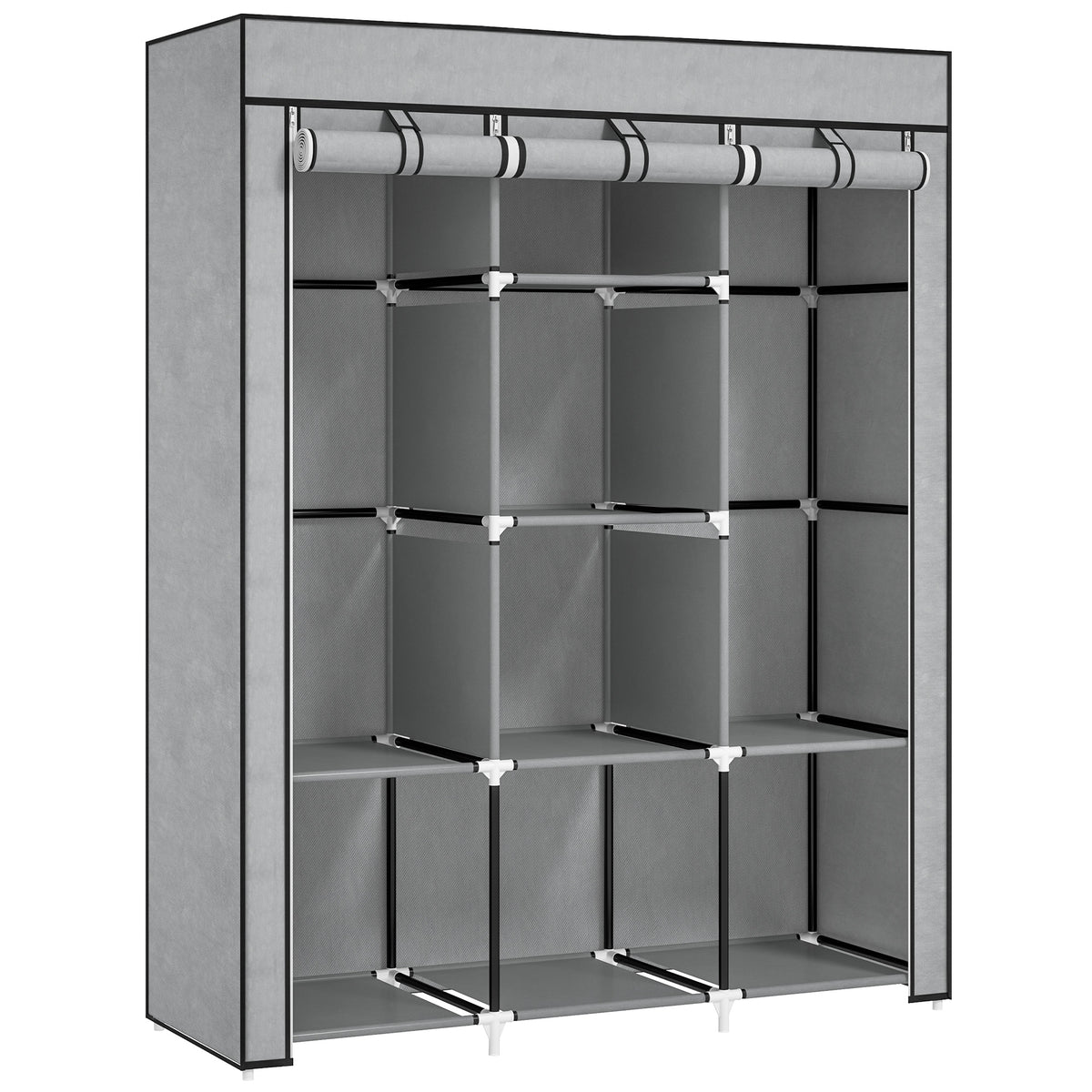 HOMCOM Fabric Wardrobe, Portable Wardrobe, Clothes Storage Unit with 8 Shelves, 2 Hanging Rods, 125 x 43 x 162.5 cm, Light Grey