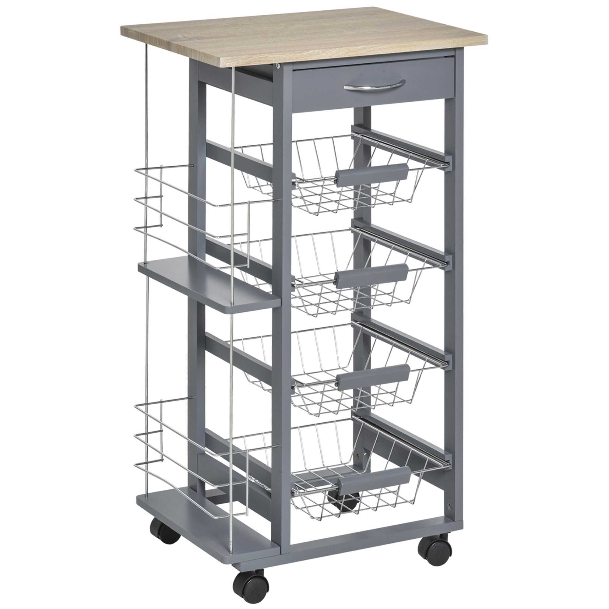HOMCOM Rolling Kitchen Cart, Utility Storage Cart with 4 Basket Drawers & Side Racks, Wheels for Dining Room, Grey - North Peak Garden Furniture