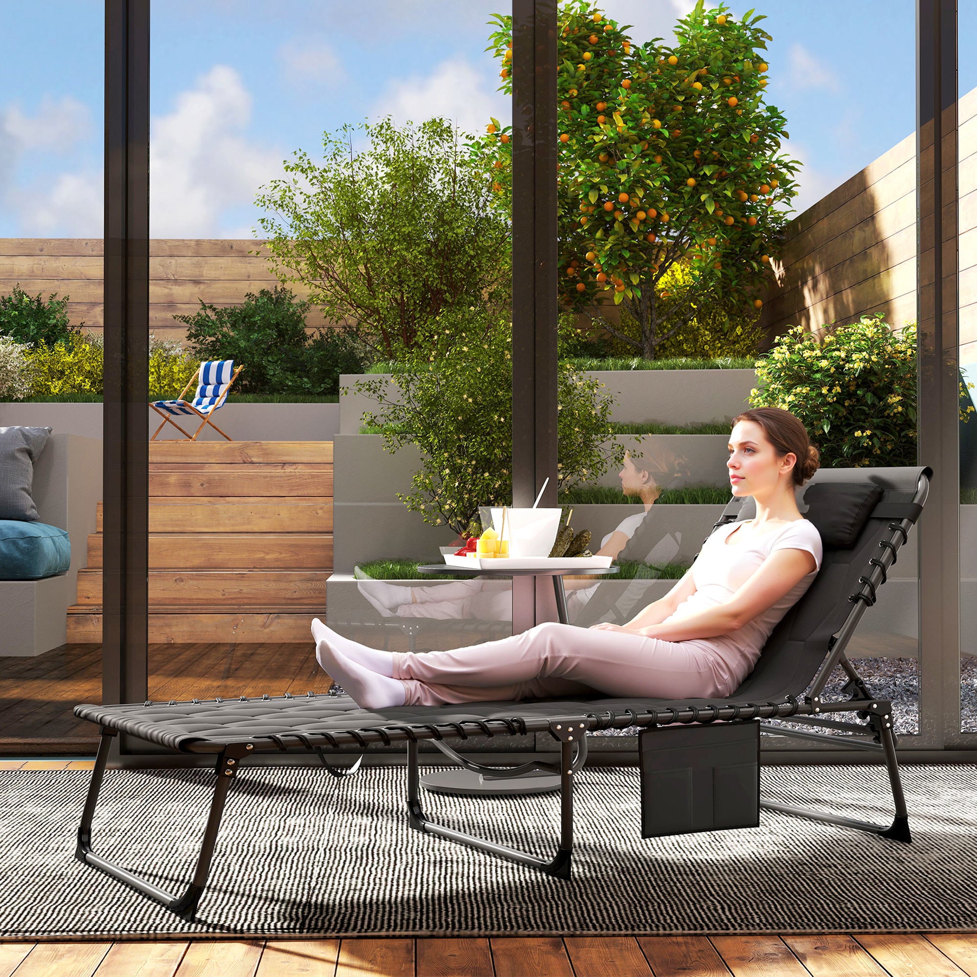 Outsunny Padded Sun Lounger, with Five-Position Reclining Back - Black - North Peak Garden Furniture