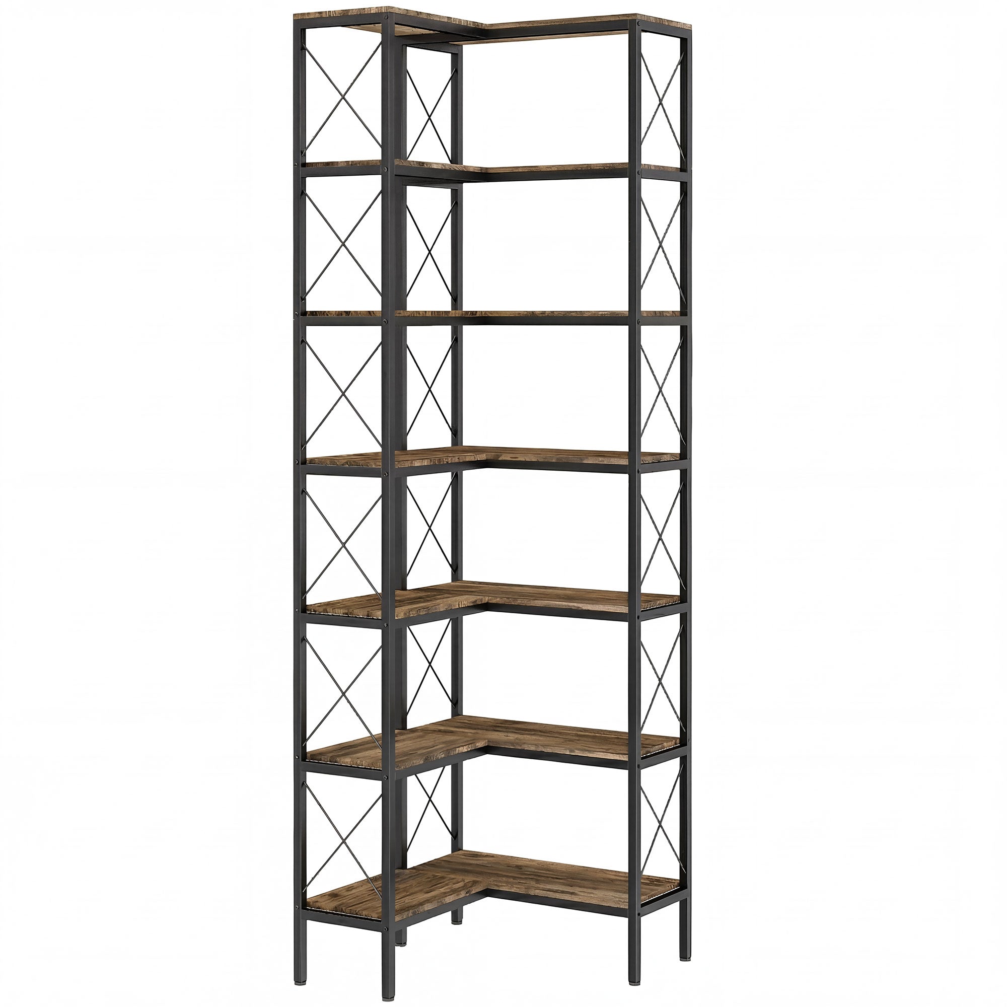 HOMCOM 6-Tier L-Shaped Bookshelf, Freestanding Corner Bookcase with Metal Frame, Rustic Brown