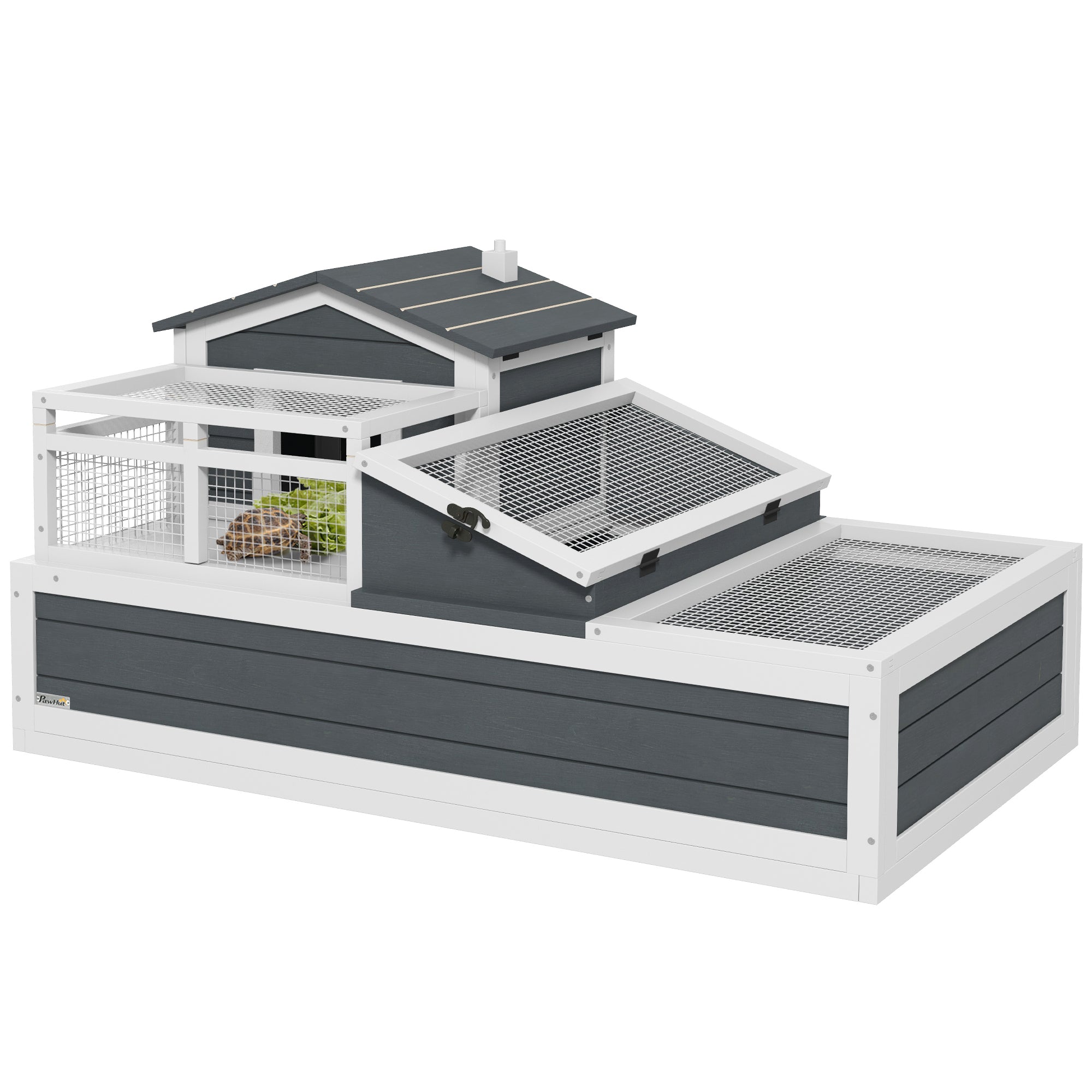 PawHut Tortoise House 3-Room with 2 Stories, Ladder, Balcony, Tray, Openable Roof, 59H x 112L x 65Wcm, Grey - North Peak Garden Furniture
