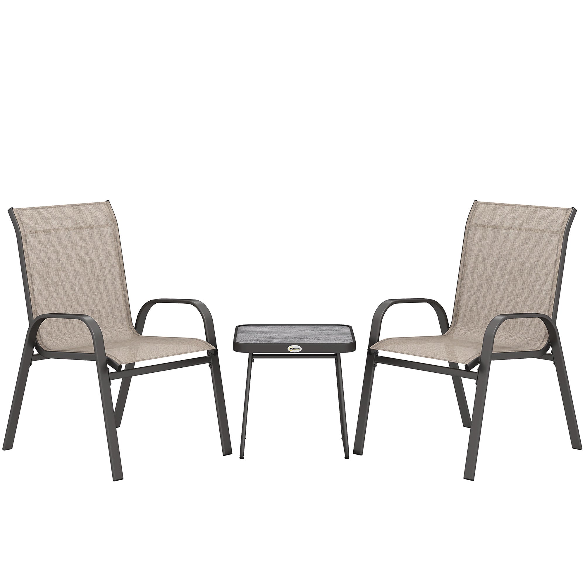 Outsunny 3 Pieces Outdoor Bistro Set, Patio Stackable Armchairs with Breathable Mesh Fabric and SPC Board Coffee Table, Brown - North Peak Garden Furniture