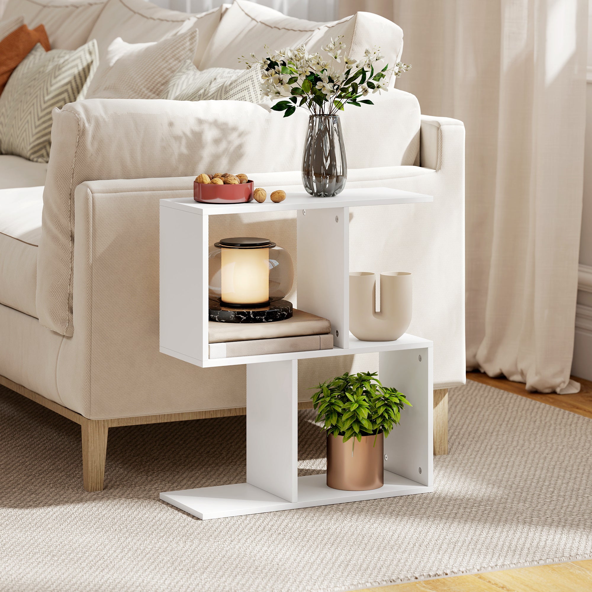HOMCOM Side Table, Narrow End Table with Storage Shelves, S-Shaped, 3-Tier, 50W x 19.5D x 58H cm, White