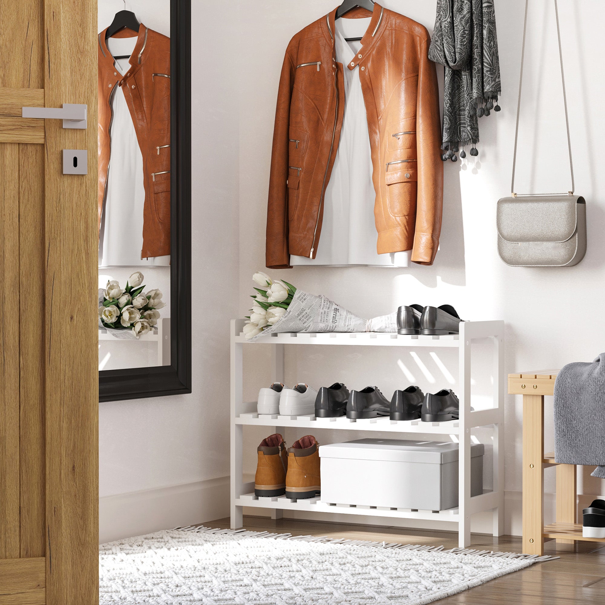 HOMCOM 3-Tier Shoe Rack Wood Frame Slatted Shelves Spacious Open Hygienic Storage Home Hallway Furniture Family Guests 70L x 26W x 57.5H cm - White - North Peak Garden Furniture