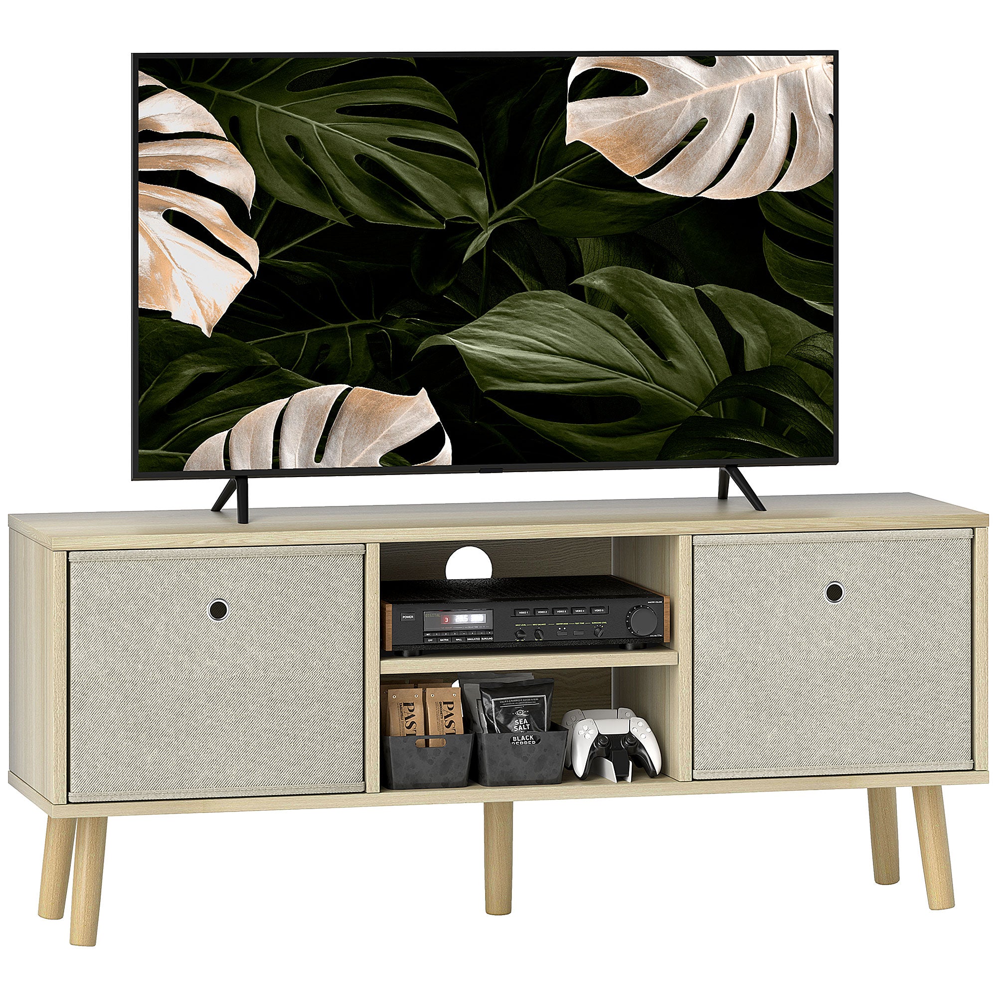 HOMCOM TV Cabinet Stand Unit for TVs up to 50'' with Foldable Drawers, Entertainment Centre for Living Room Natural - North Peak Garden Furniture