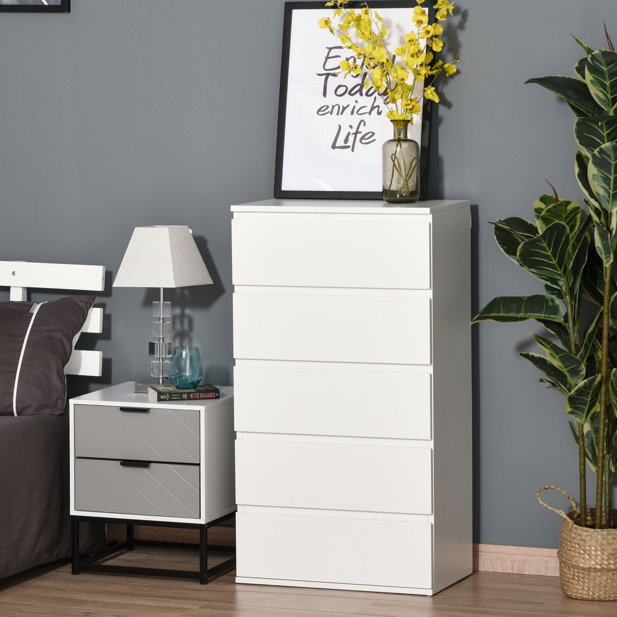 HOMCOM Chest of Drawers, 5 Drawers Storage Cabinet Floor Tower Cupboard for Bedroom Living Room, White - North Peak Garden Furniture