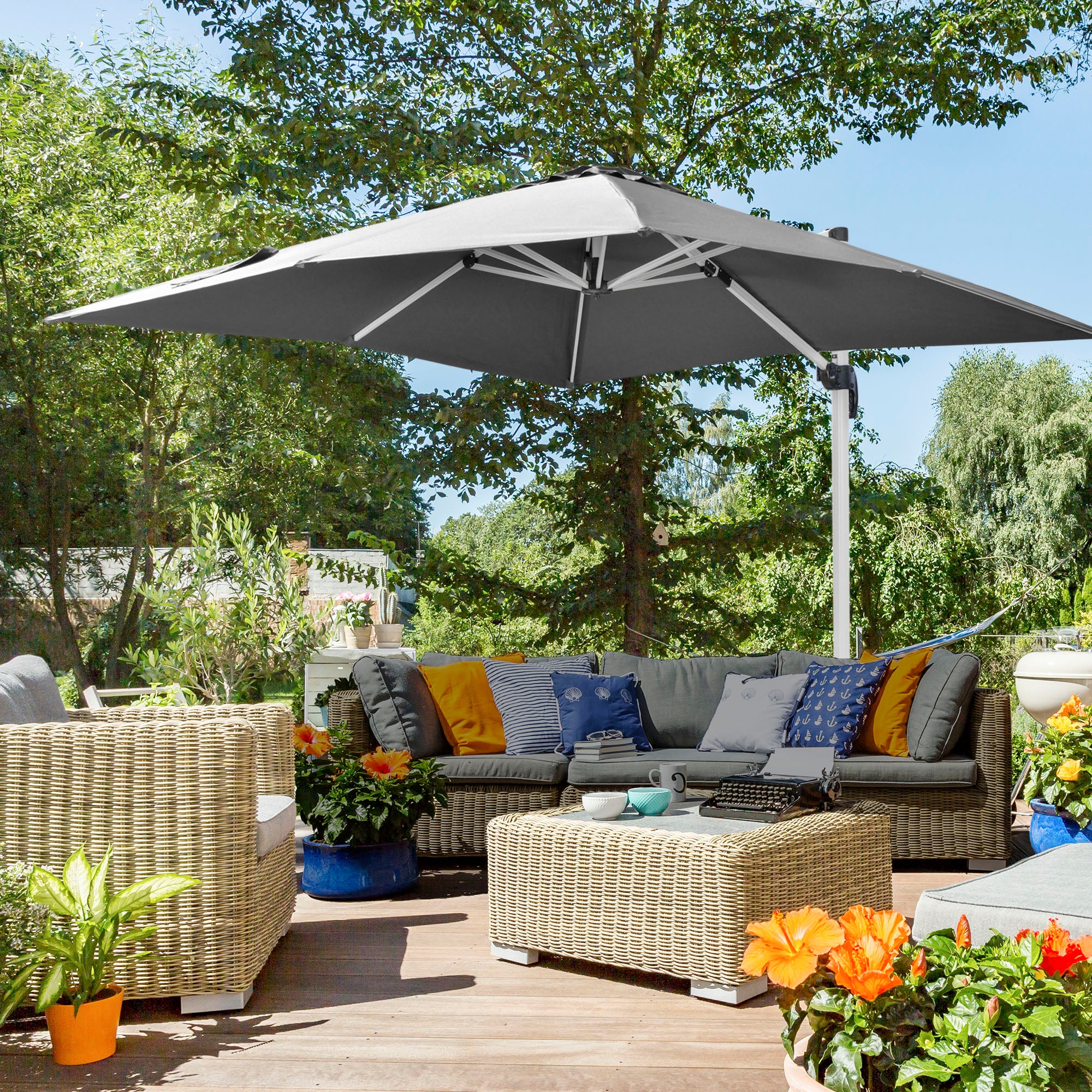 Outsunny 3 x 3(m) Cantilever Roma Parasol, Square Garden Umbrella with Cross Base, Crank Handle, Tilt, 360° Rotation and Aluminium Frame, Grey - North Peak Garden Furniture