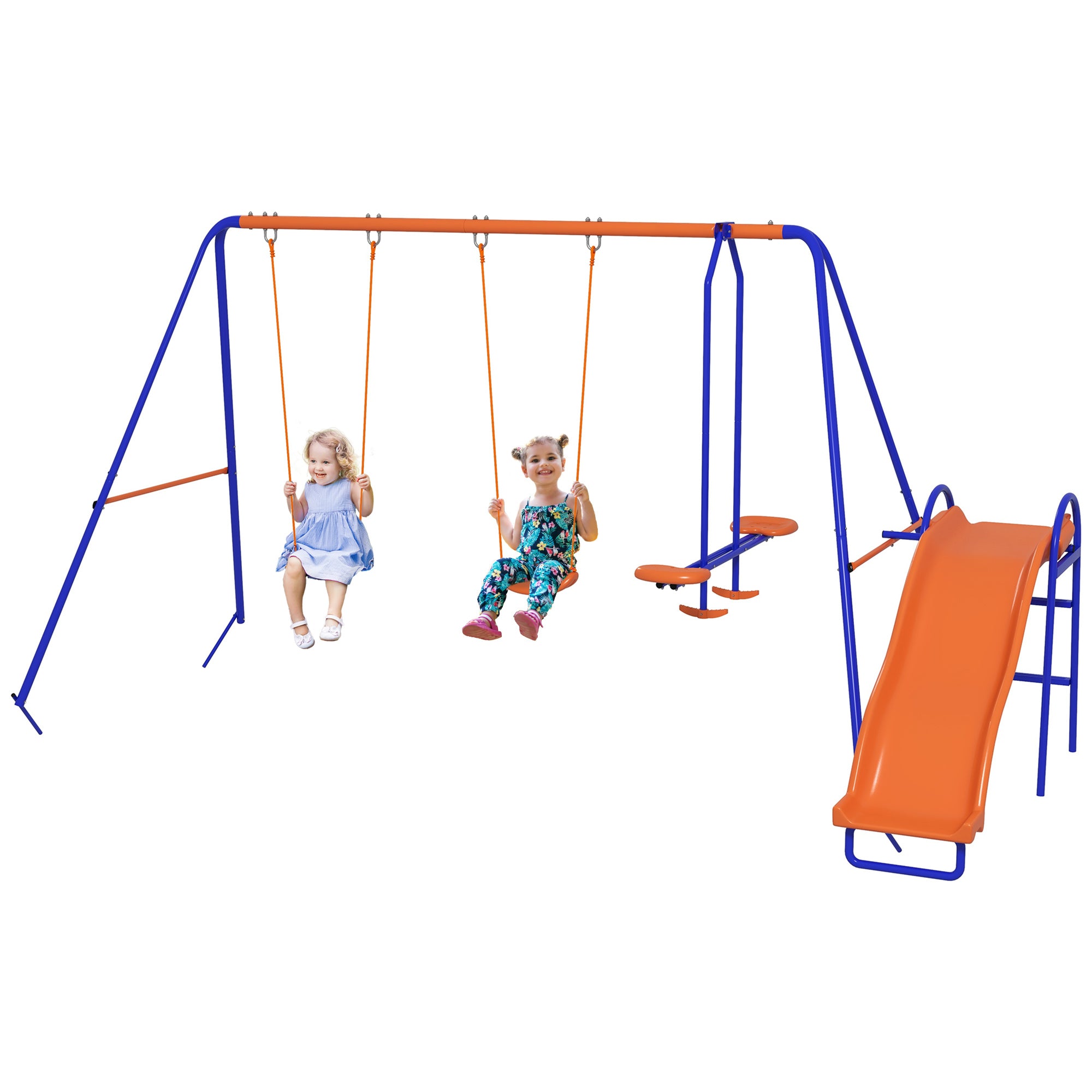 Outsunny Four-In-One Metal Garden Swing Set, with Double Swings, Glider, Slider, Ladder - Orange and Blue - North Peak Garden Furniture